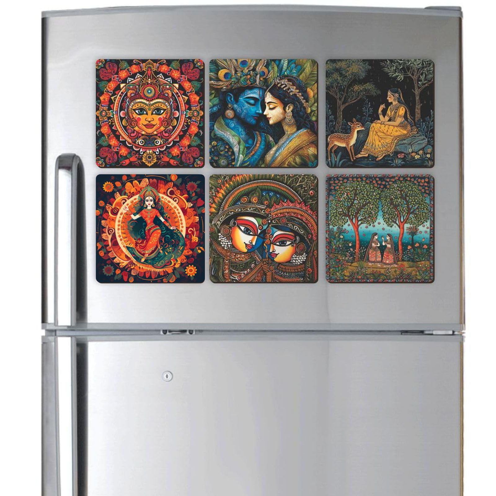 CVANU Set of 6 Madhubani Picture Printed Wooden Magnetic Square Shape Cutout for Fridge Door (5inchX5inch)_701-image-1