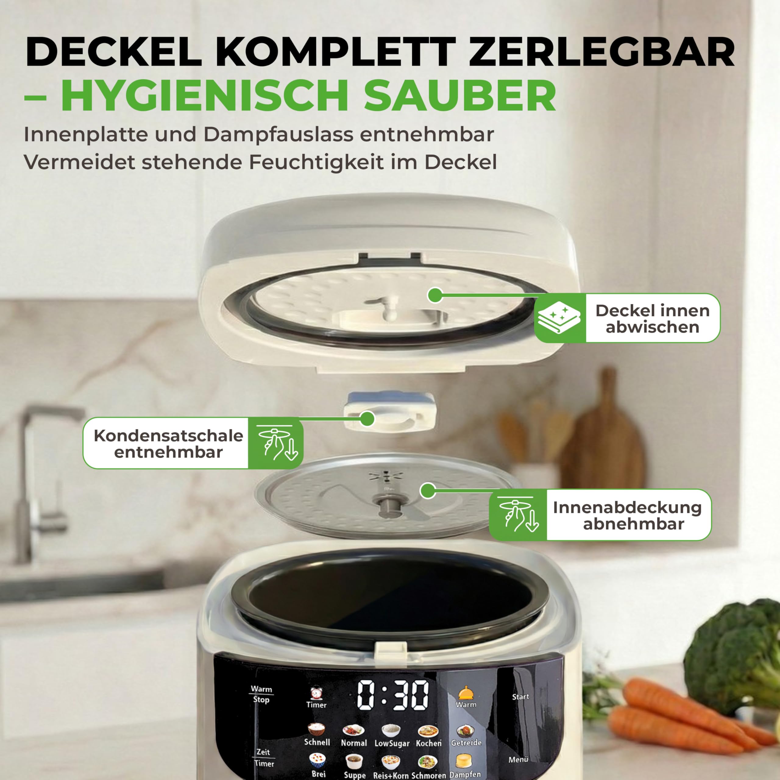 Mini Reiskocher kleiner Multikocher 0,8L 3,5 Cup/1-4 Portionen, 10 Programme für ALLE Reissorten inkl. stärkereduzierter Basmati Vollkorn Getreide Dampfgarer Brei Suppe Schmoren (cremeweiß, 0,8 Liter)