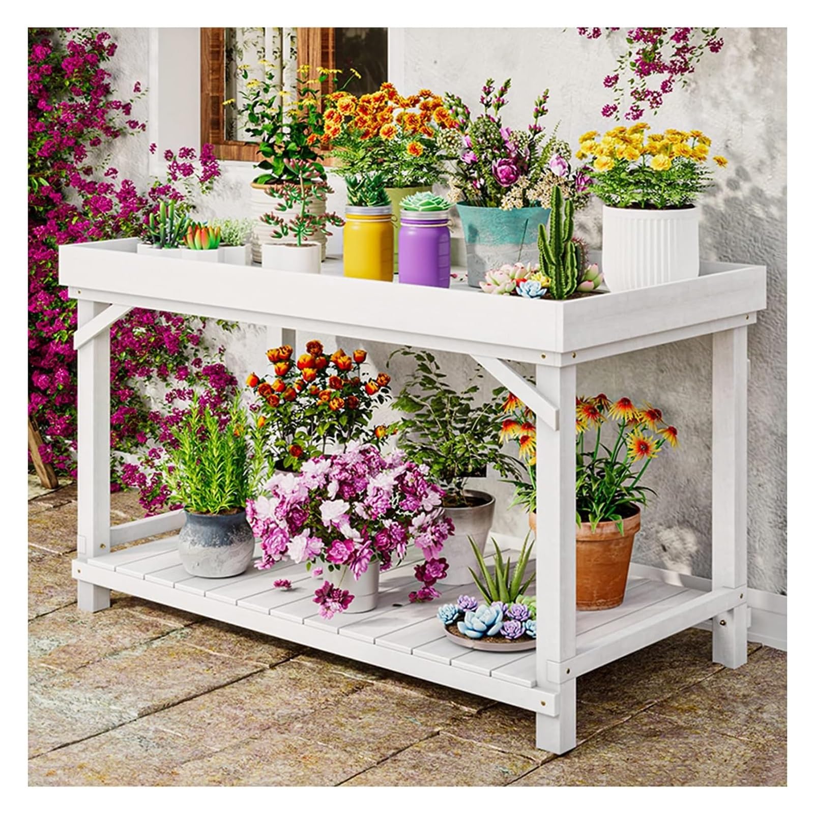 YNIYUJKL Plant Stand Plant Stand Indoor, Wood Plant Stand, 2-Tier Plant Shelf,Indoor Outdoor Flower Pot Display Shelf Rack, Multiple Ladder Stand Planter Holder White-80x60x60cm