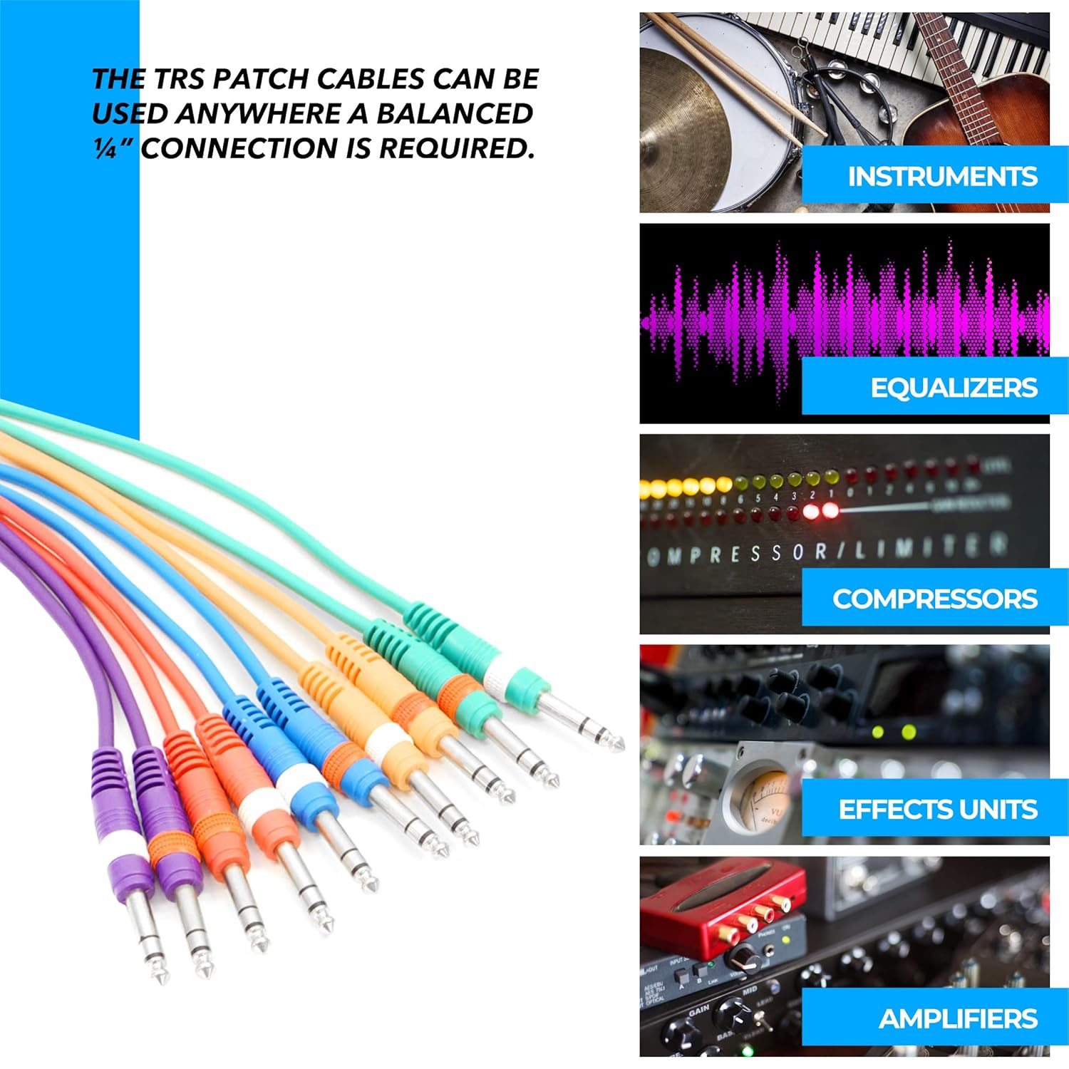 Seismic Audio Speakers 3 Foot TRS Jumper Patch Cables, Pack of 10, Multiple Colored Cables
