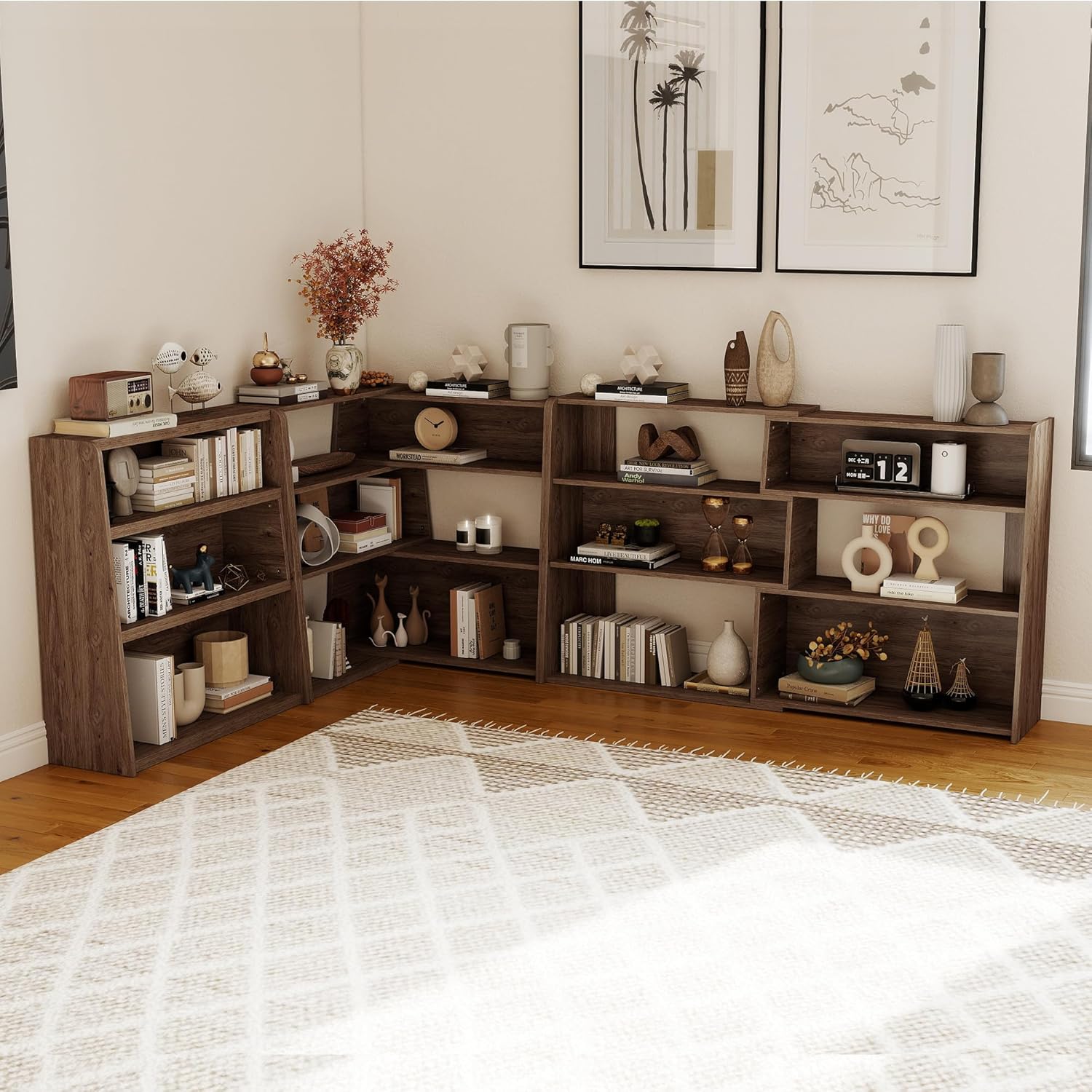Expandable Bookshelf with Solid Wood Core, 3-Tier Ladder Bookcase, Extendable Corner Shelf for Small Space in Living Room, Study, Bedroom, Dark Walnut