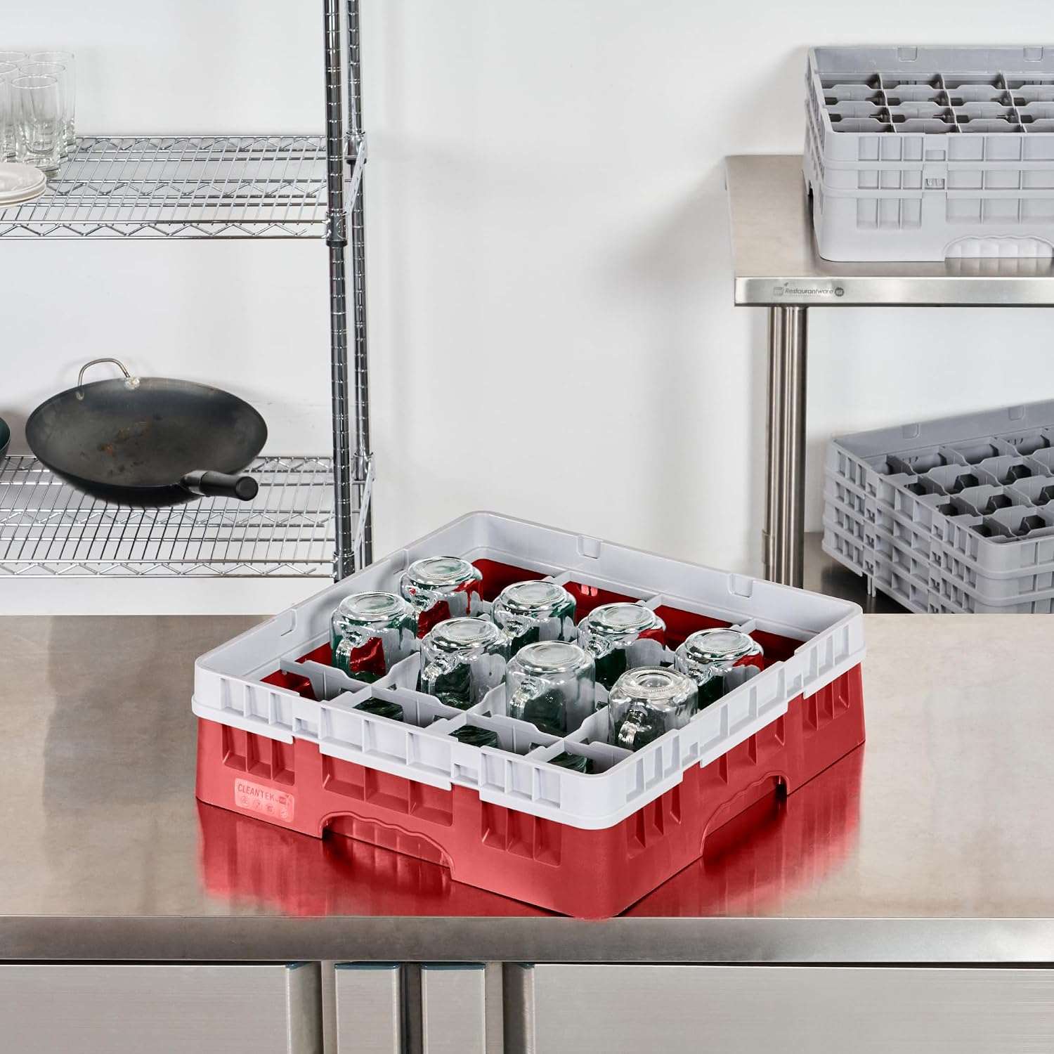 Restaurantware Clean Tek Professional 16 Compartment Glass Rack,1 Heavy Duty Durable Tray, With 1 Full Drop Extender, Red Glass Holder For Restaurants, Bars, Pubs, Cafeterias, and Home Kitchens