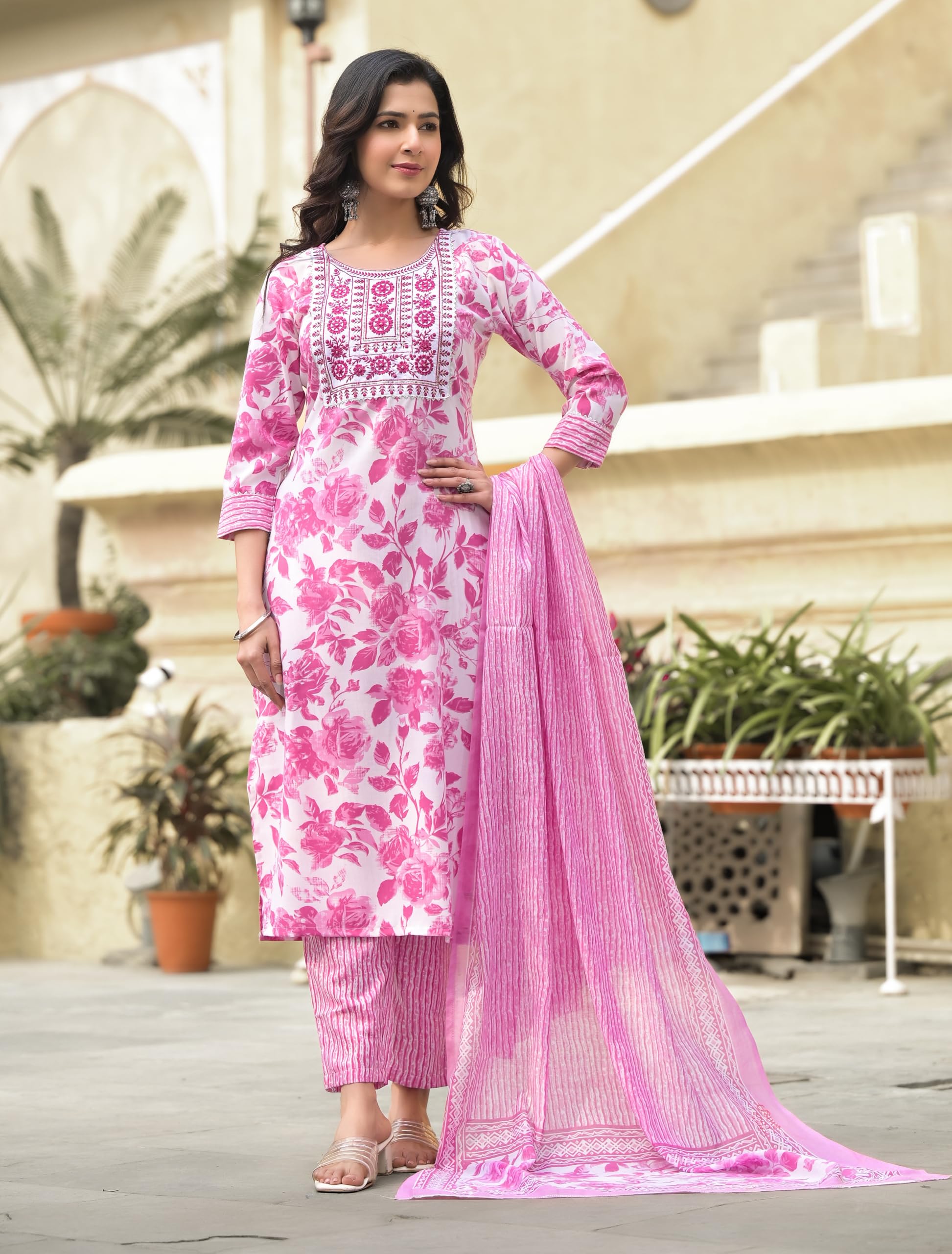 KLOSIA Conjunto de Kurta y pantalón con estampado floral recto para mujer con Dupatta | Conjunto étnico | Conjunto Dupatta | Conjunto de traje | Conjunto de Kurta | Traje de boda |