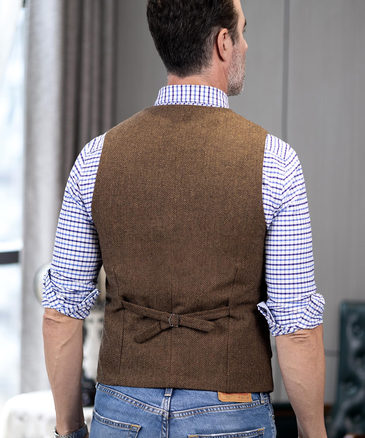 Tuikayoo Męska kamizelka Western Herringbone Tweed Garnitur Wełna Slim Fit Wełna