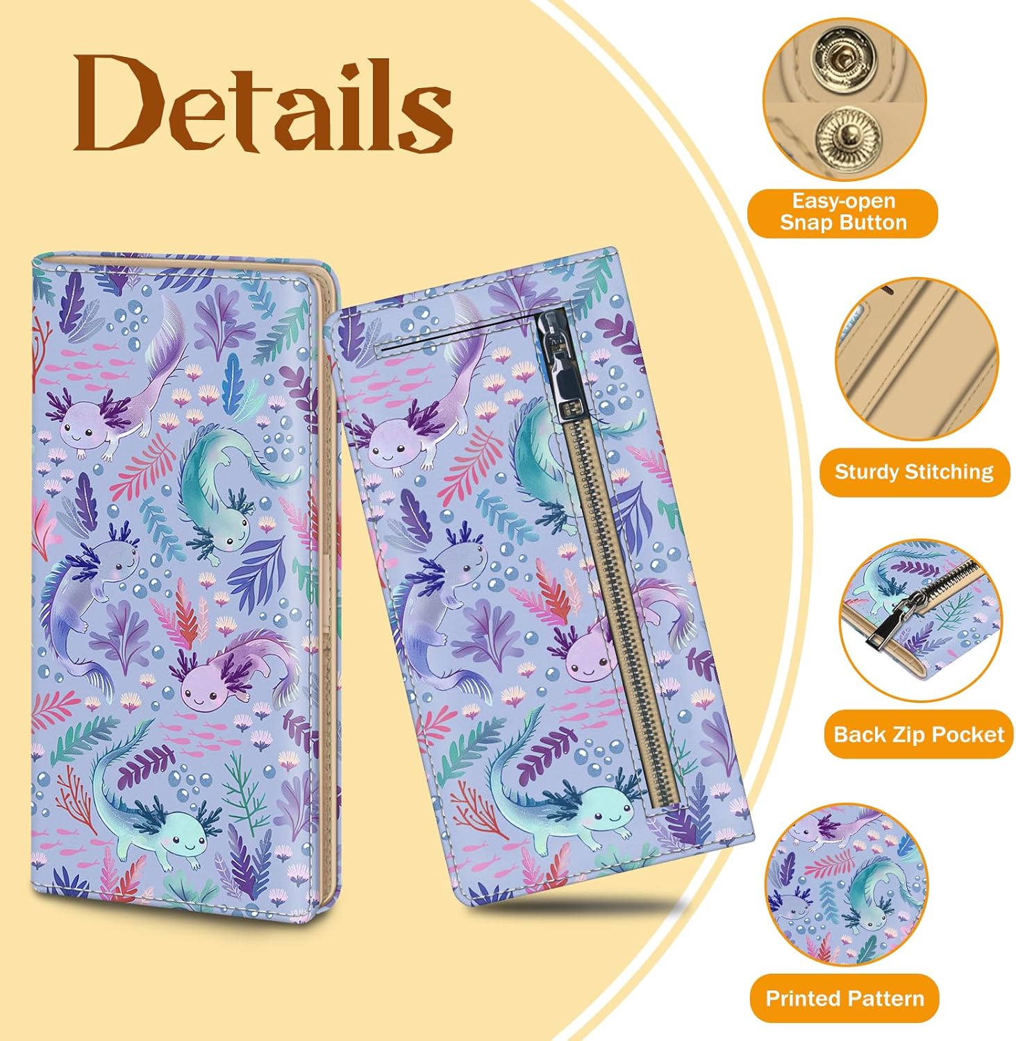 Immaturus Womens Wallet, Slim Thin RFID Blocking Card Wallets, Axolotls Bifold PU Leather Credit Card Holder Organizer, Cute Cash Clutch Long Billfold with Zipper Coin Pocket Ladies Girls Gift - Image 5