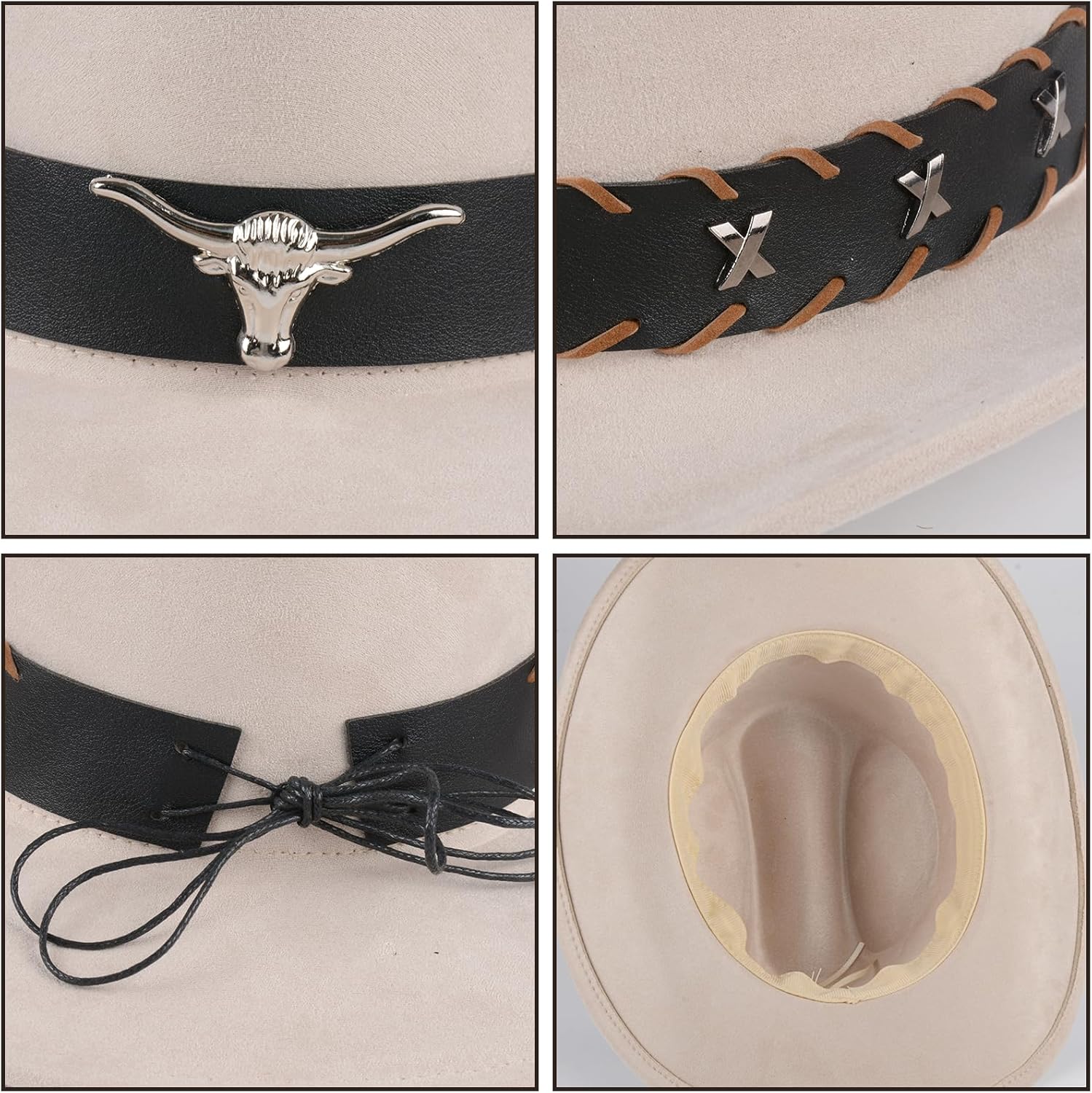 Cowboy Hat for Women and Men, Mens Western Cowboy Hats with Bull Head Womens Retro Vintage Jazz Hat Solid Color Cowgirl Hats (US, Alpha, Medium, Beige 2) - Image 4