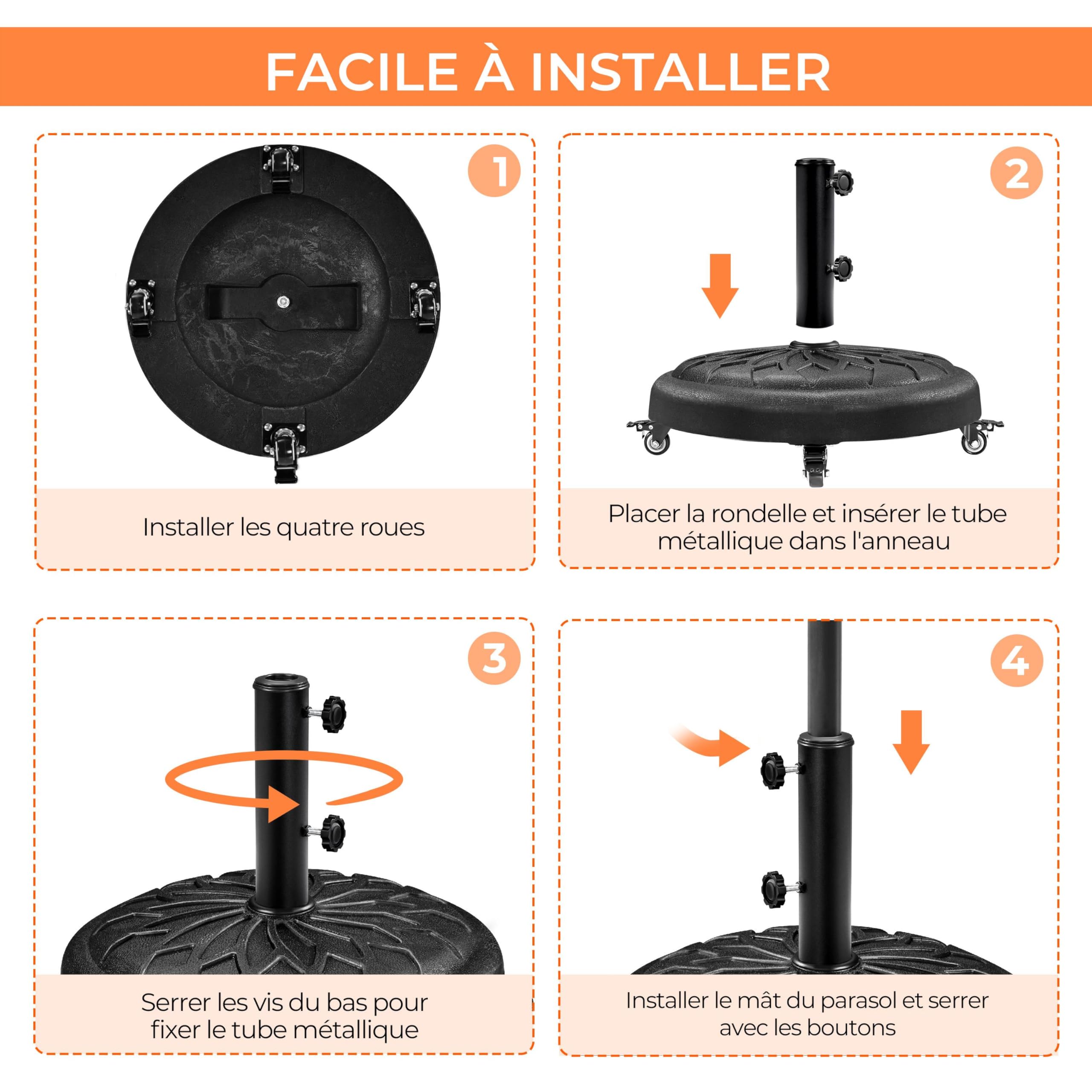 Abician Pied de Parasol Rond à roulettes 24,72 kg，Base de Parasol Standard en Résine pour Mât de Ø 34mm/38mm/48mm du Parasol, Patio Jardin Extérieur Marché Noir