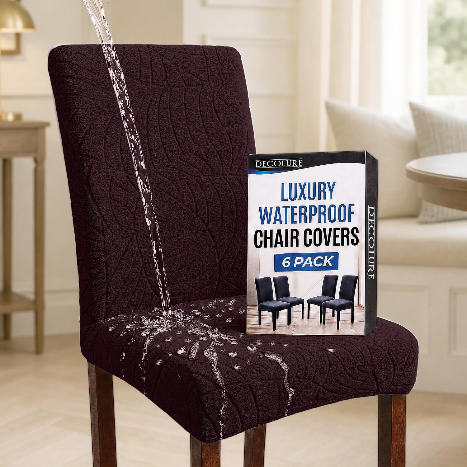 Waterproof Dining Chair Covers Set of 6 - 3 Layers Thick Fabric Parsons Chair Slip Covers - Jacquard Kitchen Chair Covers & Stretch Protectors for Dining Room, Restaurant - Removable Washable (Beige)