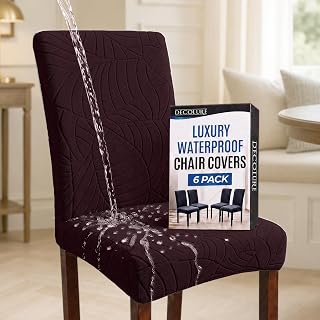 Waterproof Dining Chair Covers Set of 6 - 3 Layers Thick Fabric Parsons Chair Slip Covers - Jacquard Kitchen Chair Covers & Stretch Protectors Dining Room, Restaurant - Removable Washable (Chocolate)