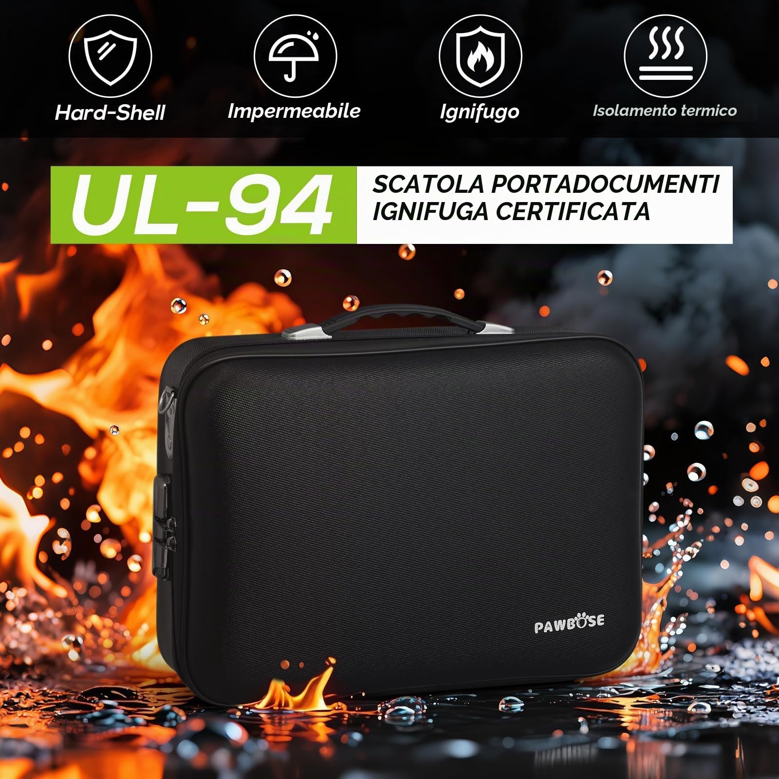 PAWBOSE Scatola per documenti ignifuga, con serratura a combinazione, custodia rigida impermeabile ignifuga, sicura per documenti importanti, certificati, laptop, passaporti (nero, 41 x 30 x 13 cm)