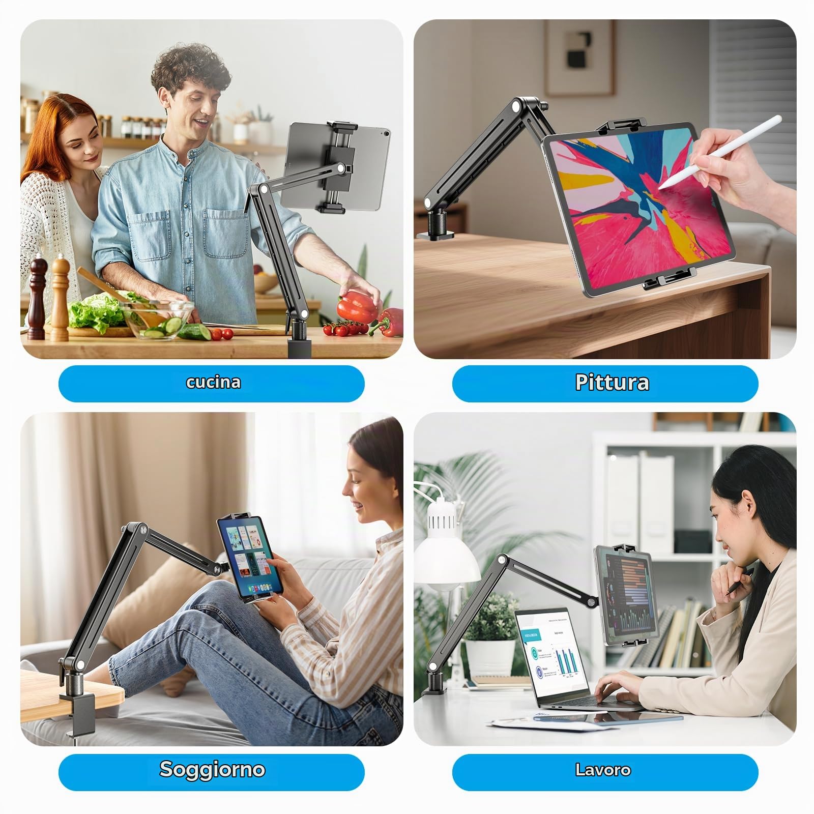 Jakeko Supporto da scrivania per tablet e iPad, base girevole a 360°, corpo in alluminio, chiave integrata, stabile, pieghevole, salvaspazio
