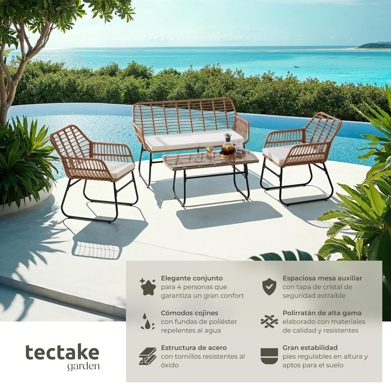 tectake® Juego de 4 Piezas de Polirratán, 1 Banco Jardín Cap. Carga: 250 Kg, 2 Sillas Cap. Carga: 120 Kg 1 Mesa con Tablero de Cristal de Seguridad, Resistente a Intemperie, Patas Atornillables