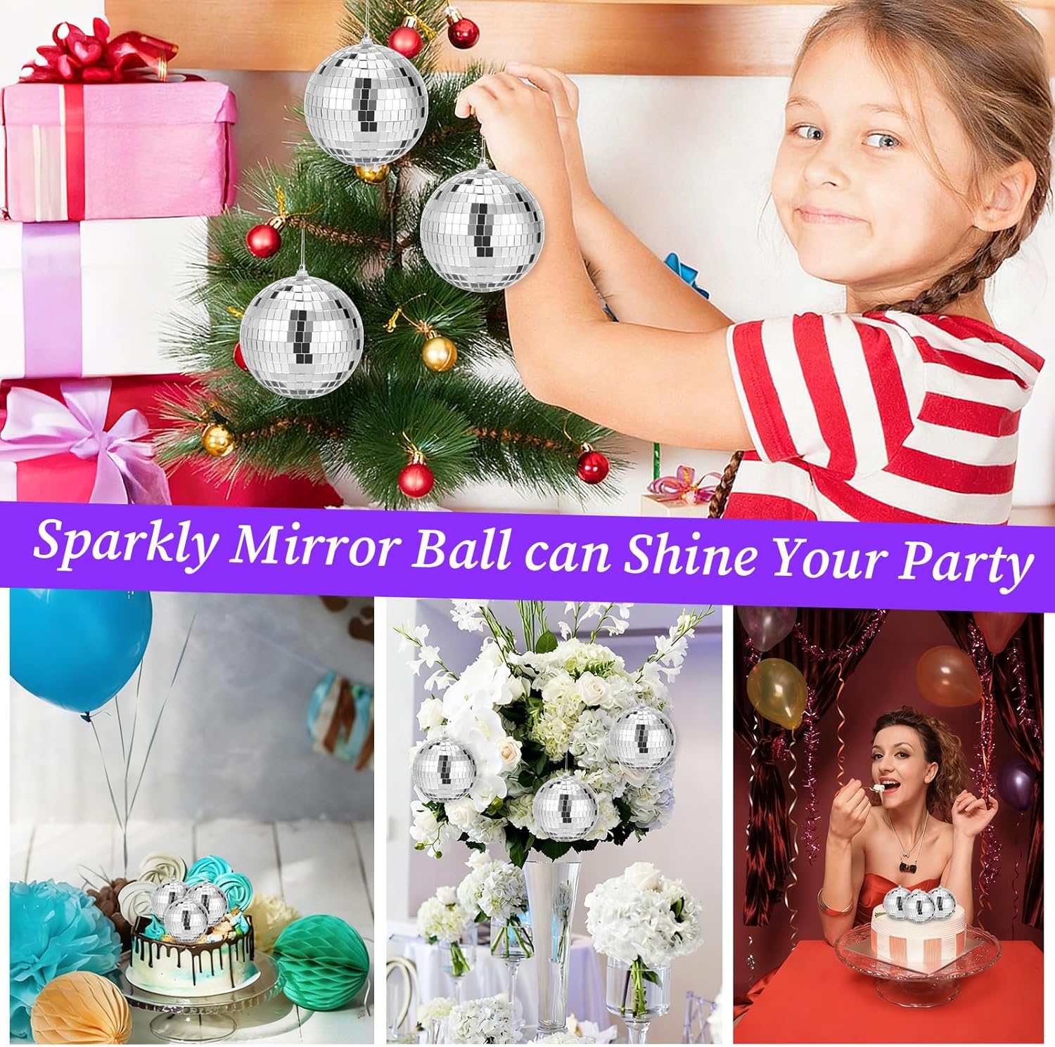 SHENLIU 8 Pack Mirror Disco Ball, 4 Inch Small Mirror Ball Ornaments Silver Hanging Disco Balls with Attached String for Reflect Light, Party Favor, Home Bands Decorations, Stage Props, Christmas