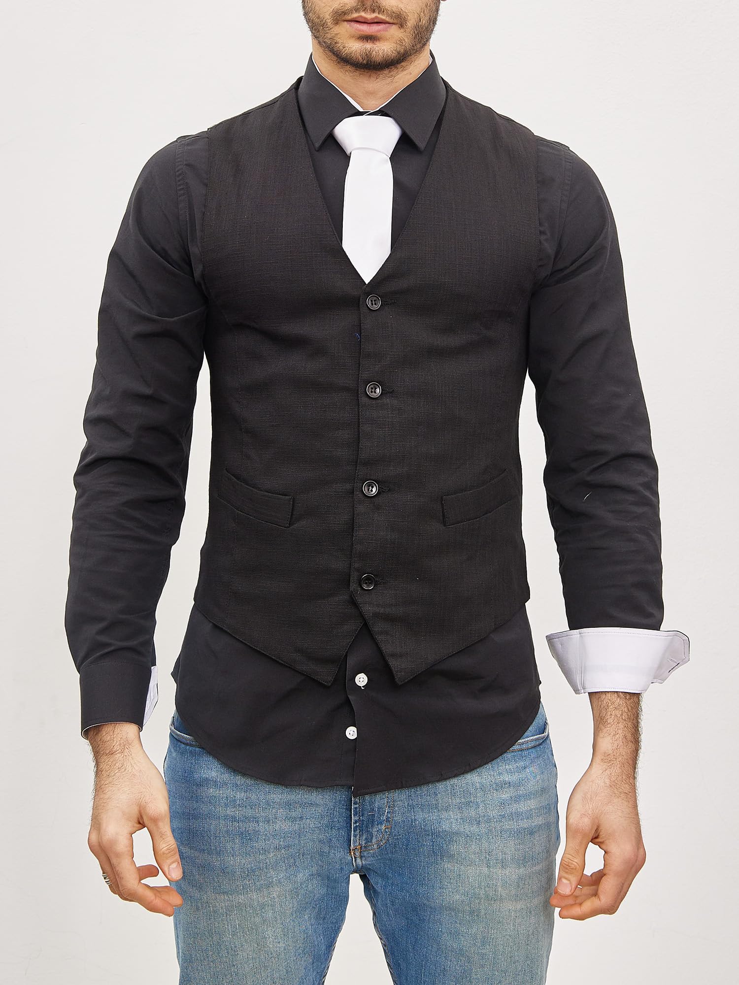 Subliminal Mode - Gilet + camicia + cravatta da uomo con colletto bicolore tinta unita manica lunga vestibilità business stiratura facile RN33, Nero , S