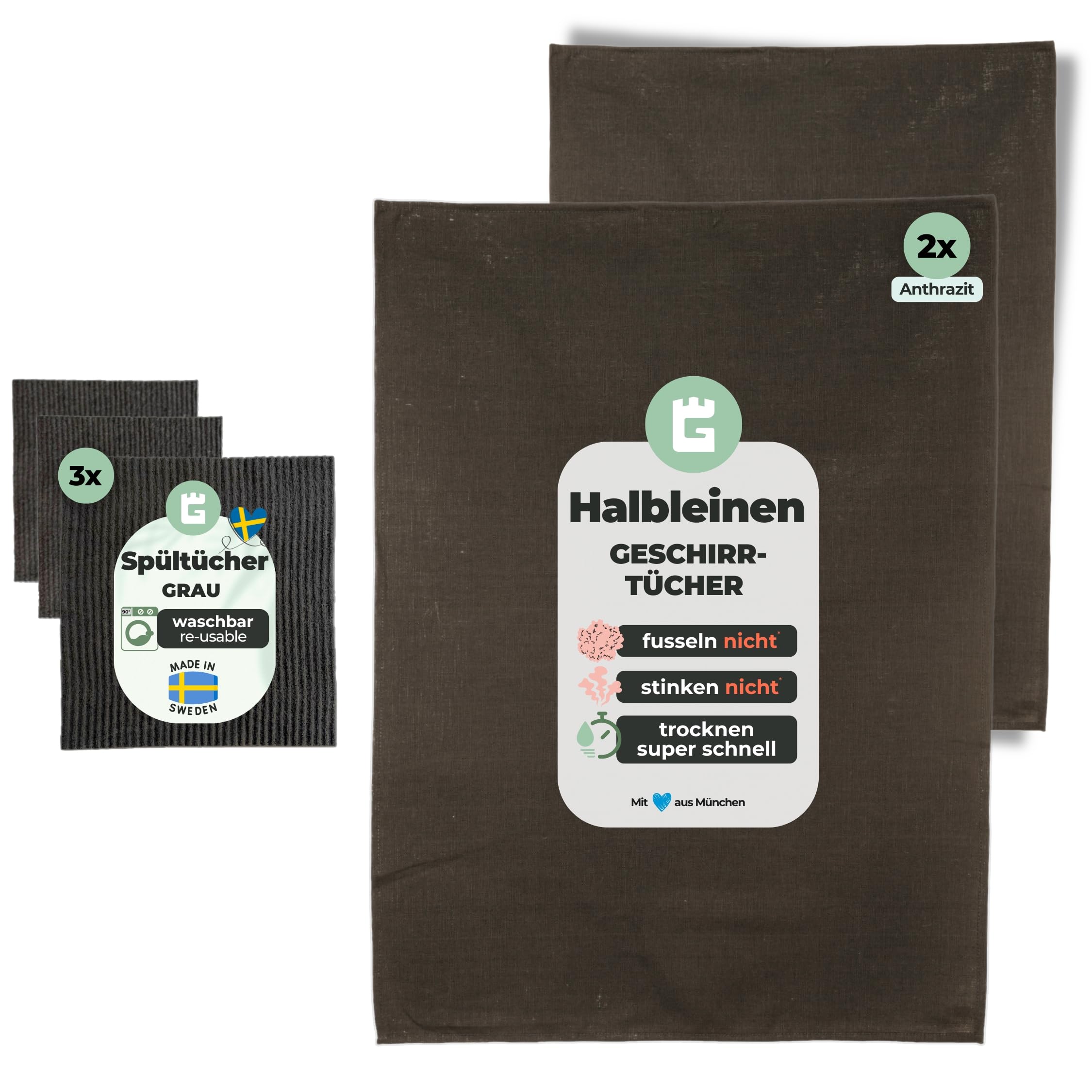 Paños de cocina de algodón y lino grises con bayetas suecas lavables para tu hogar