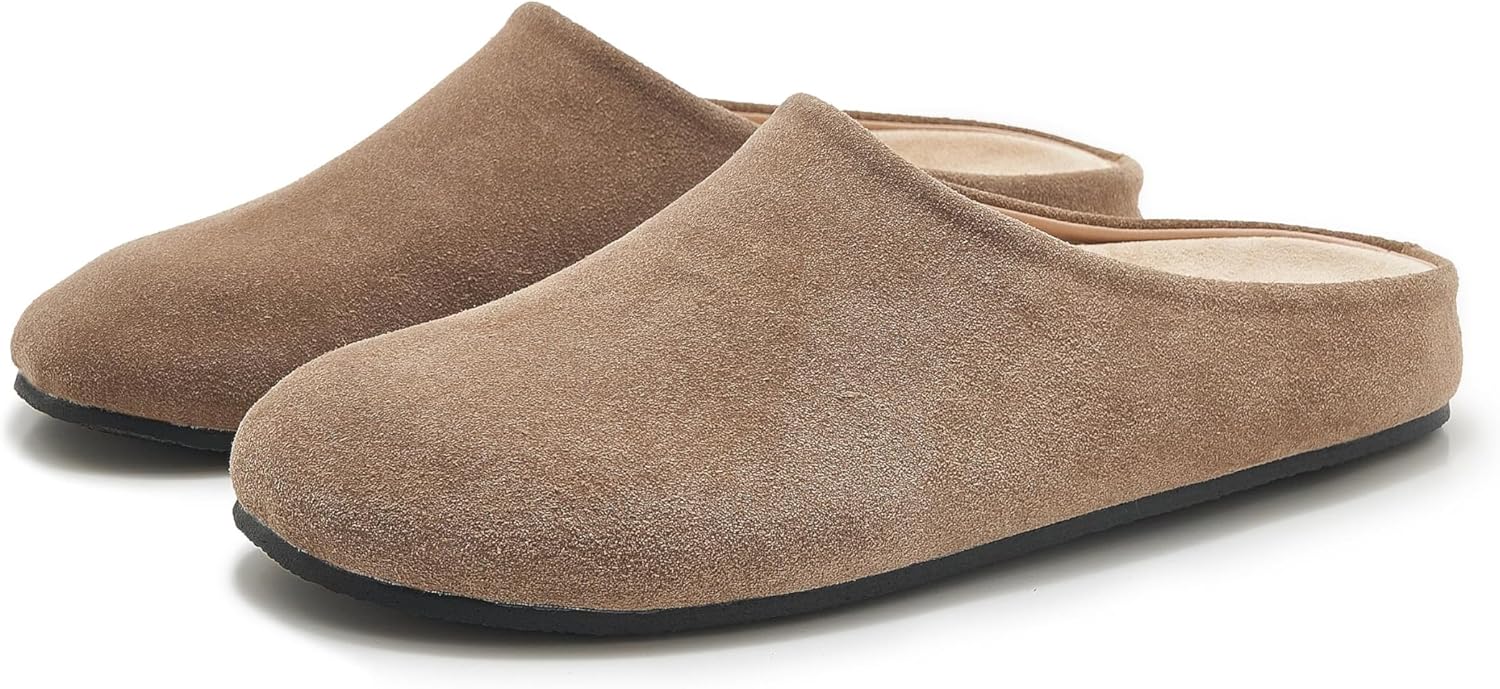Women's Suede Clogs Round Toe Print Leather Mules Cork Footbed Clog with Arch Support Comfort Casual Slip-on Fall Shoes