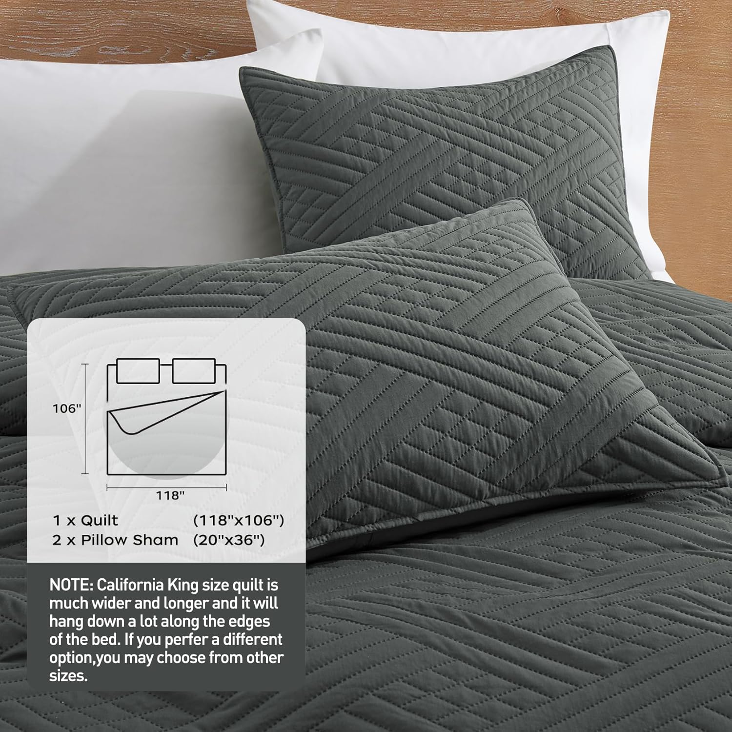 Lavsiry Dark Grey Quilt Oversized California King Size with Striped Pattern, Lightweight Soft Summer Thin Bedspread & Coverlet Bedding Set for All Seasons - 3 Piece(1 Quilt, 2 Pillow Shams) - Image 5