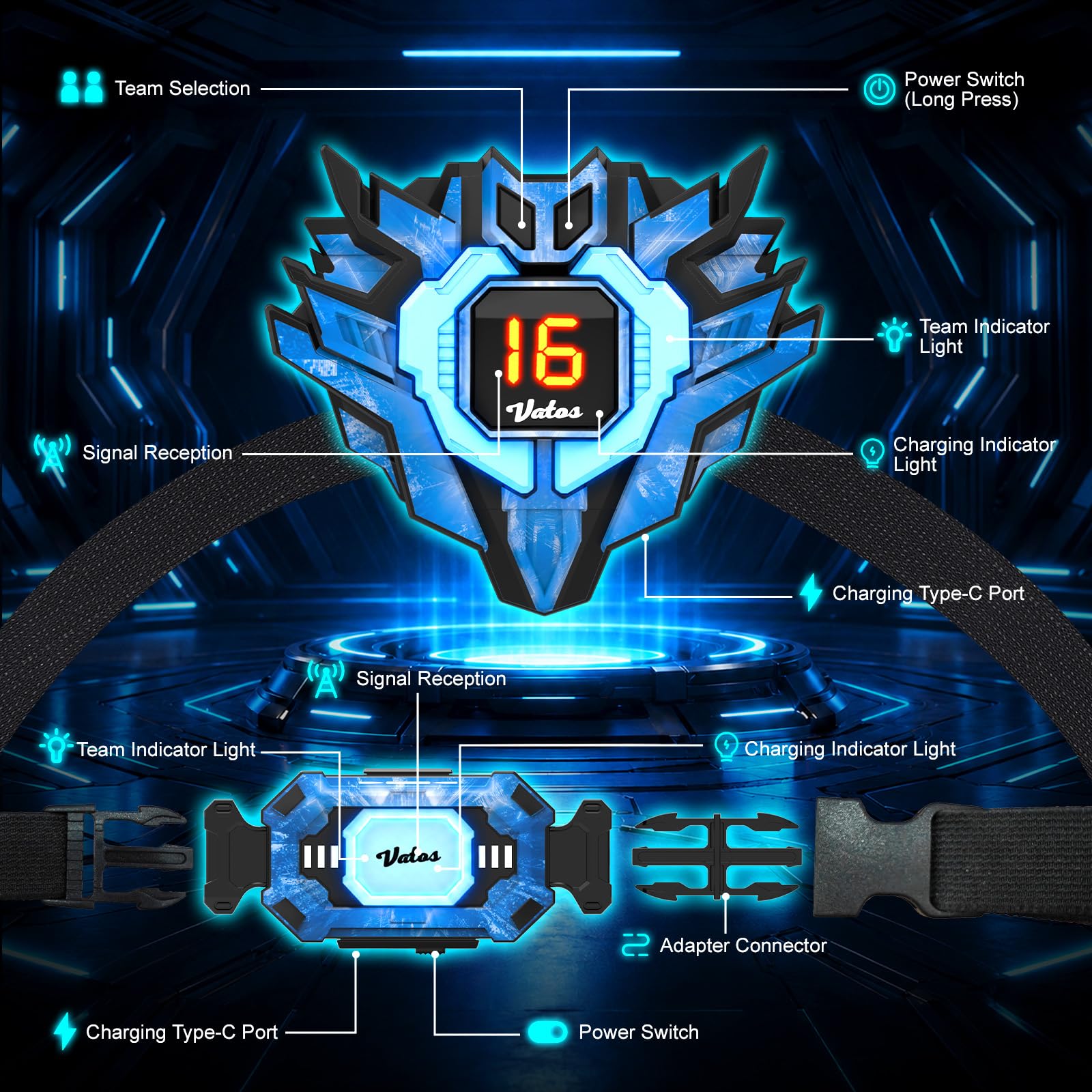 VATOS Set Laser Tag con Sensori 360°, Stazione di Ricarica e Carte Energia, 4 Pistole Laser Ricaricabili con Schermo LCD e Sincro 2,4 GHz, Gioco Laser per Interni/Esterni per Bambini e Famiglia
