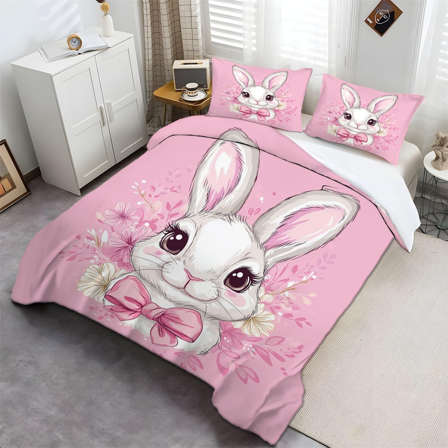Nadruk Zestaw poszewek na kołdrę, uroczy kreskówkowy, głowa królika, zestawy pościeli z poszewkami na poduszki 260 x 220 cm, polibawełna, luksusowe poszewki na kołdrę dla chłopców - zestaw pościeli