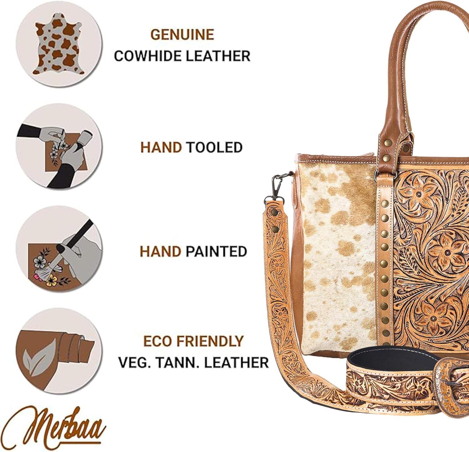 Merbaa Western Cowhide Hairon Leather Tote Bag for Women With Adjustable Tooled Shoulder Strap Leather Purse