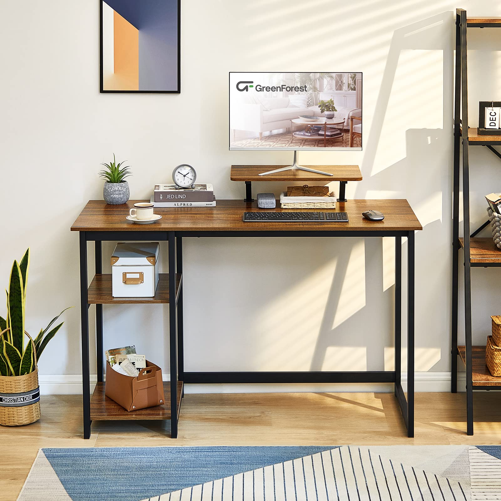 Home Office Computer Desk with Monitor Stand and Reversible Storage ...