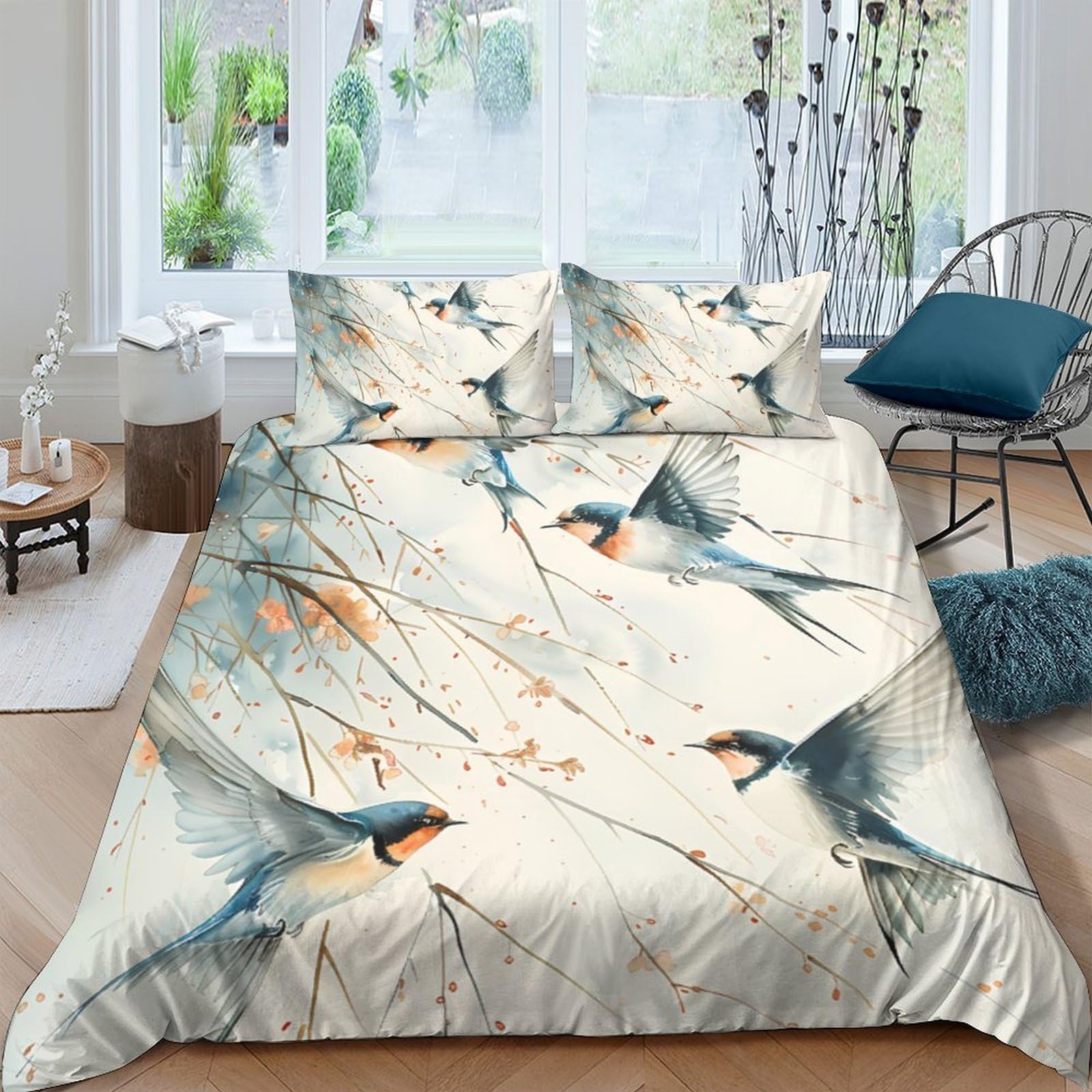 Ctjqhvkz Style-5 3D Printed Swallow Bird Fitted Sheet Microfiber Soft Blue Branch Mattress Cover For Bedroom Guest Room Decor Single（135X200cm）