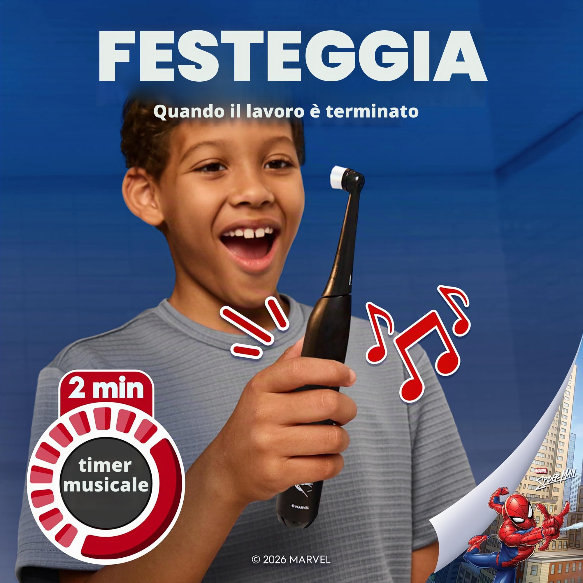 Oral-B iO Kids Limited - Spazzolino da denti elettrico ricaricabile, Spiderman, con 1 testina per la cura delicata, sensore automatico di pressione per proteggere le gengive, 3 impostazioni di pulizia