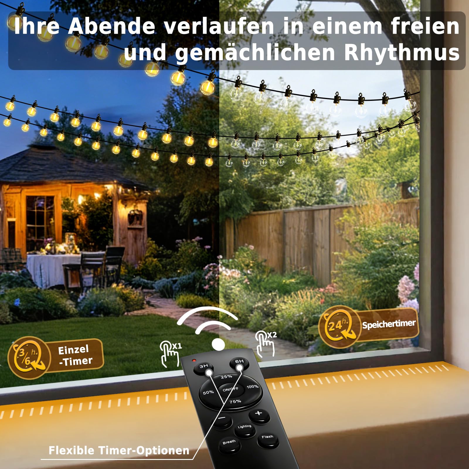 Lichterkette Außen Strom, 30M G40 LED Lichterkette Outdoor mit Fernbedienung, 62 Glühbirnen E12, 4 Dimmstufen mit Timer, Wetterfest Garten Balkon Terrasse Pavillon Beleuchtung (100FT/30M)