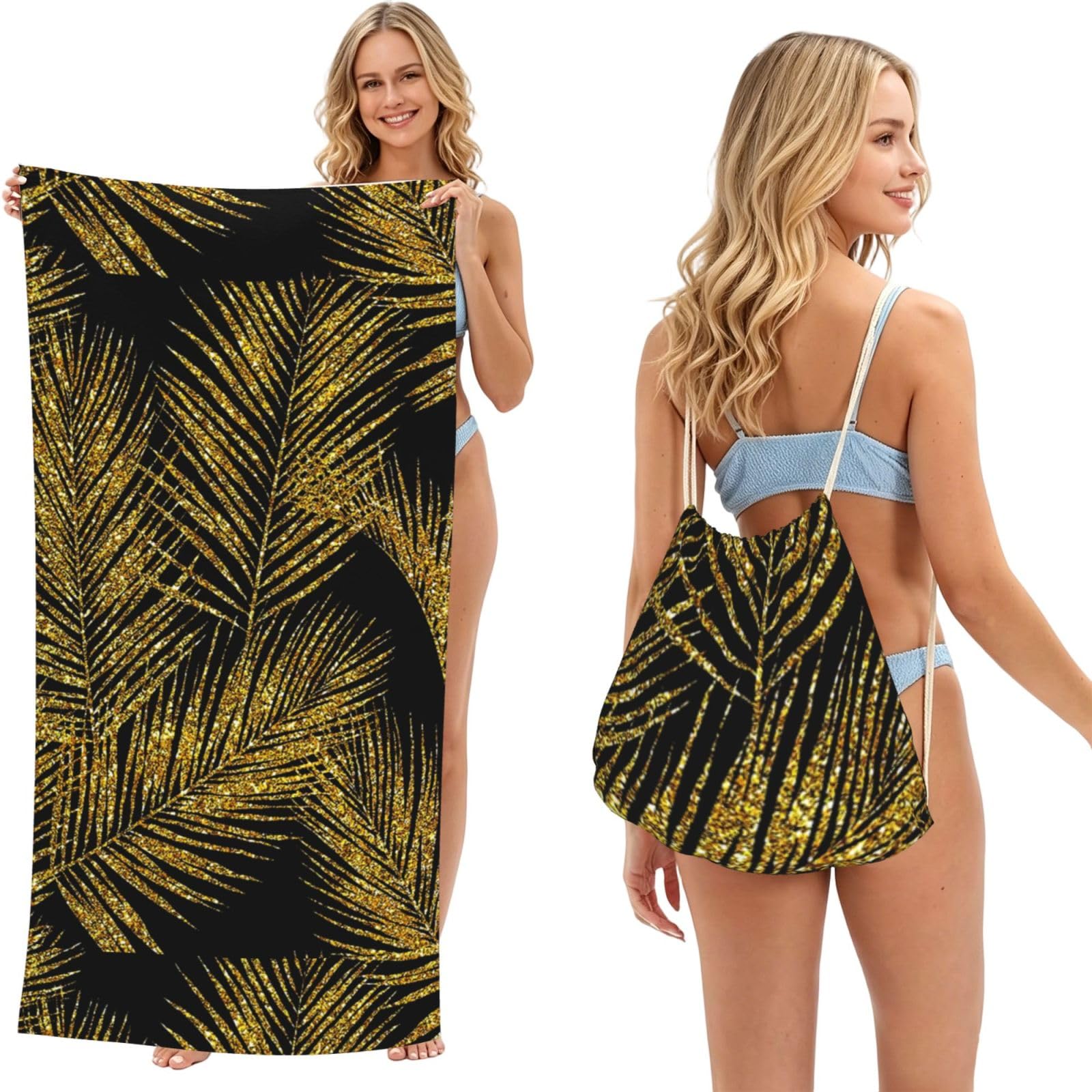 Poadnly As Picture Gold Glitter Palm Leaves, 2 In 1 Packable Towel Bag, Beach Towels With Drawstring Backpack For Travel Holiday Camping