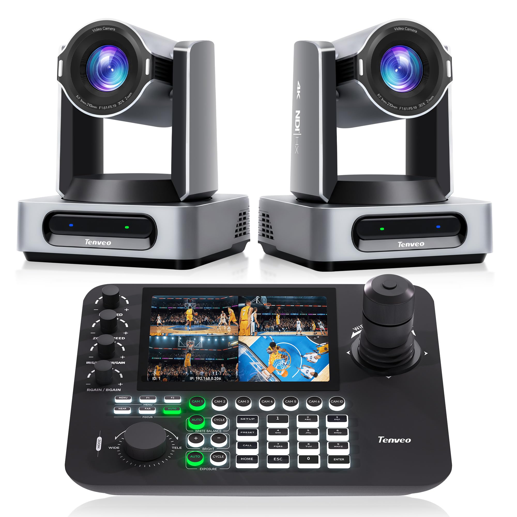 Tenveo Bundle/Kit Telecamera PTZ 4K - 2x Telecamera PTZ 4K 60FPS NDI, Zoom 30X, Auto Tracking AI, Sensore 1/1.8" SDI HDMI LAN FreeD Tally + Controller Joystick Schermo Quadruplo da 7"