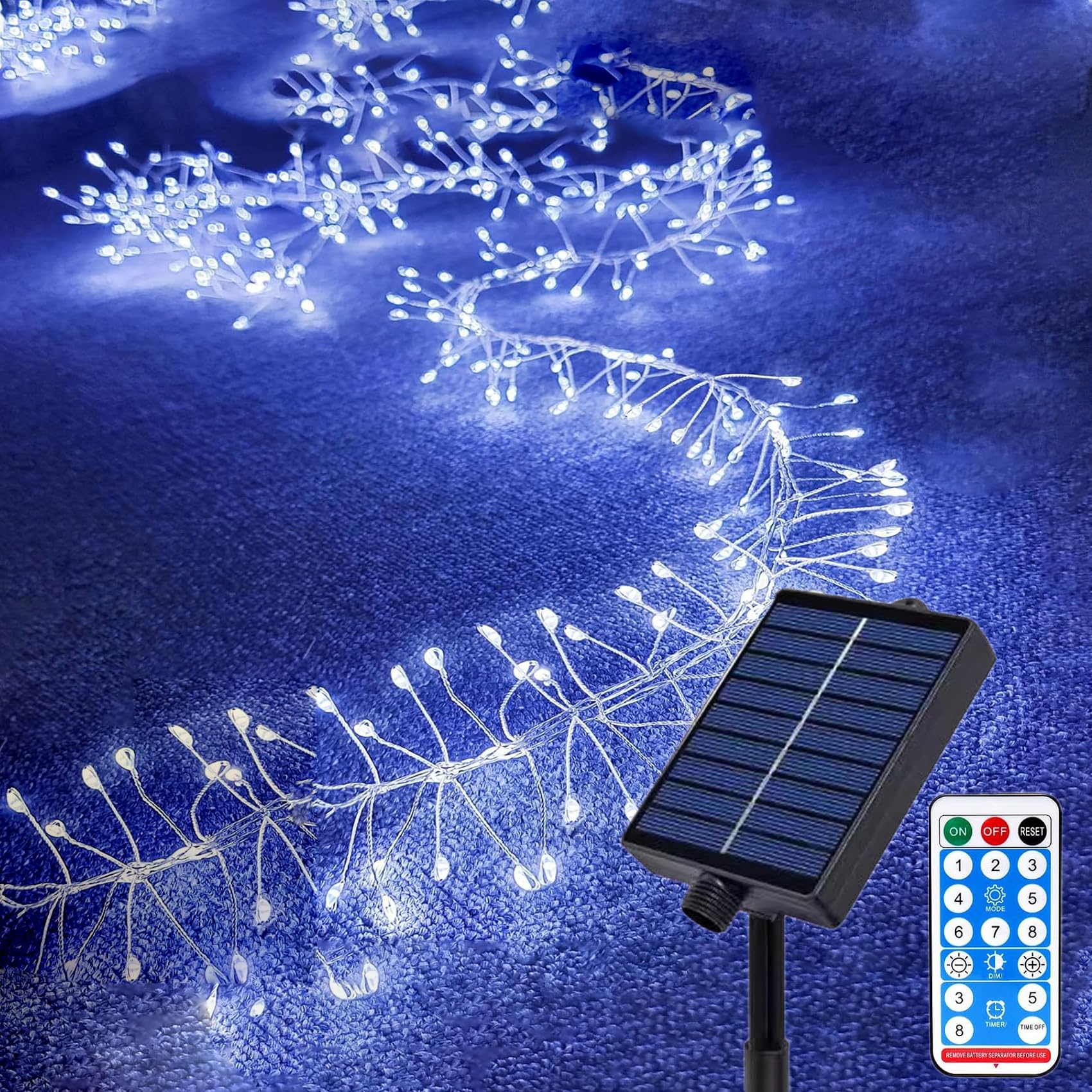 KINGCOO Solar Firecracker Lights Outdoor, Waterproof 29.5FT 300LED Silver Wire Cluster Fairy String Lights with Remote for DIY Bedroom Curtain Window Wedding Christmas Party Decoration (White) — image 1