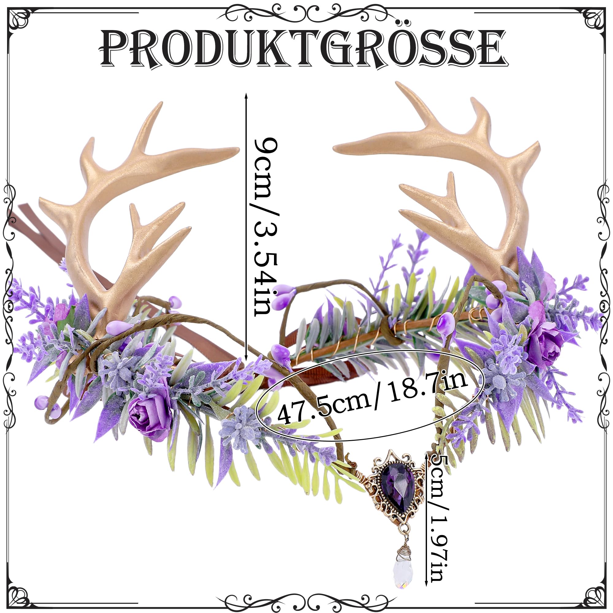 MOSTORY Geweih Kopfschmuck Elfe für Feen Accessoires Damen, Lila Haarschmuck mit Blumen und Edelsteine für Cosplay Faschingskostüme