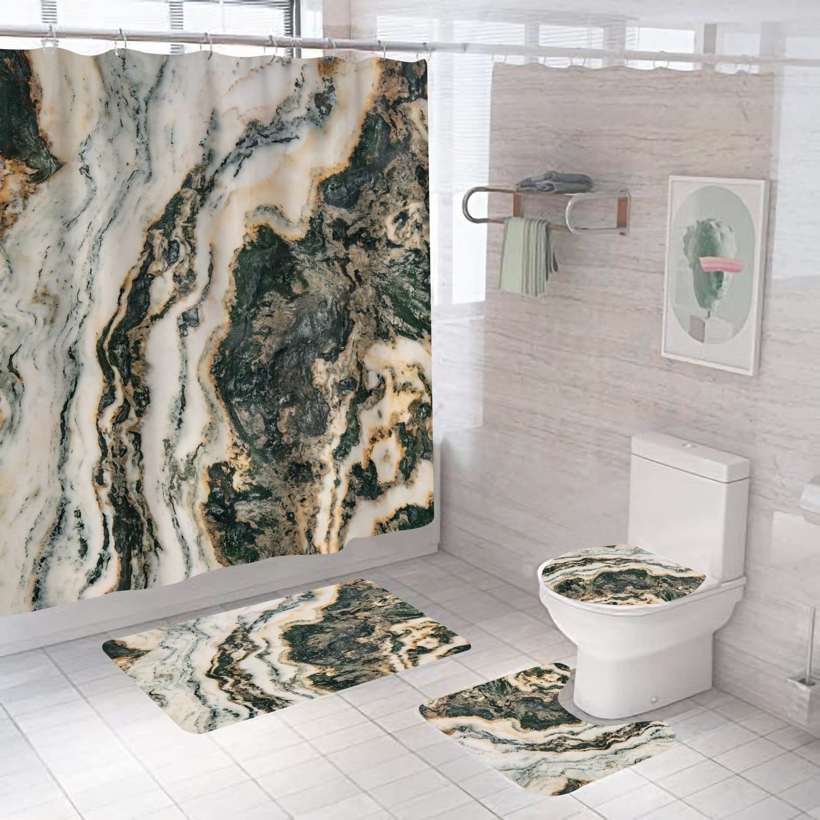 Amazon.com: Modern Marble European Style Black White Texture 4PC Shower  Curtain Set, 3D Printing Bathroom Sets with Rugs and Accessories Including  12 Hooks & Rustproof Grommets for Bathroom Decor - 72" W
