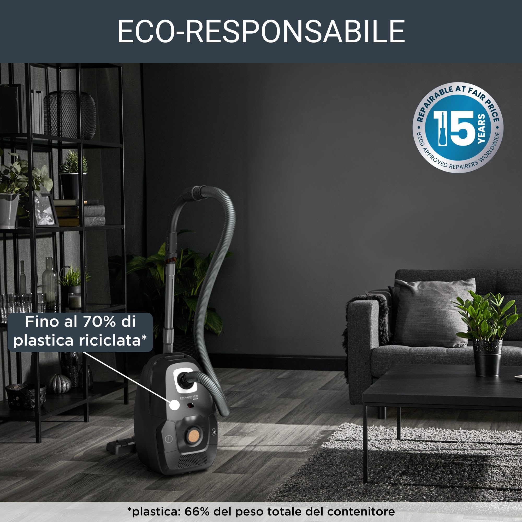 Rowenta RO6189EA Green Force Effitech, Aspirapolvere a Traino, 4,5 L, 400 W, 64 dB(A), Motore Effitech, Design Compatto, Potente, Silenzioso e Ecologico, Filtro Hepa, 6 Accessori Inclusi