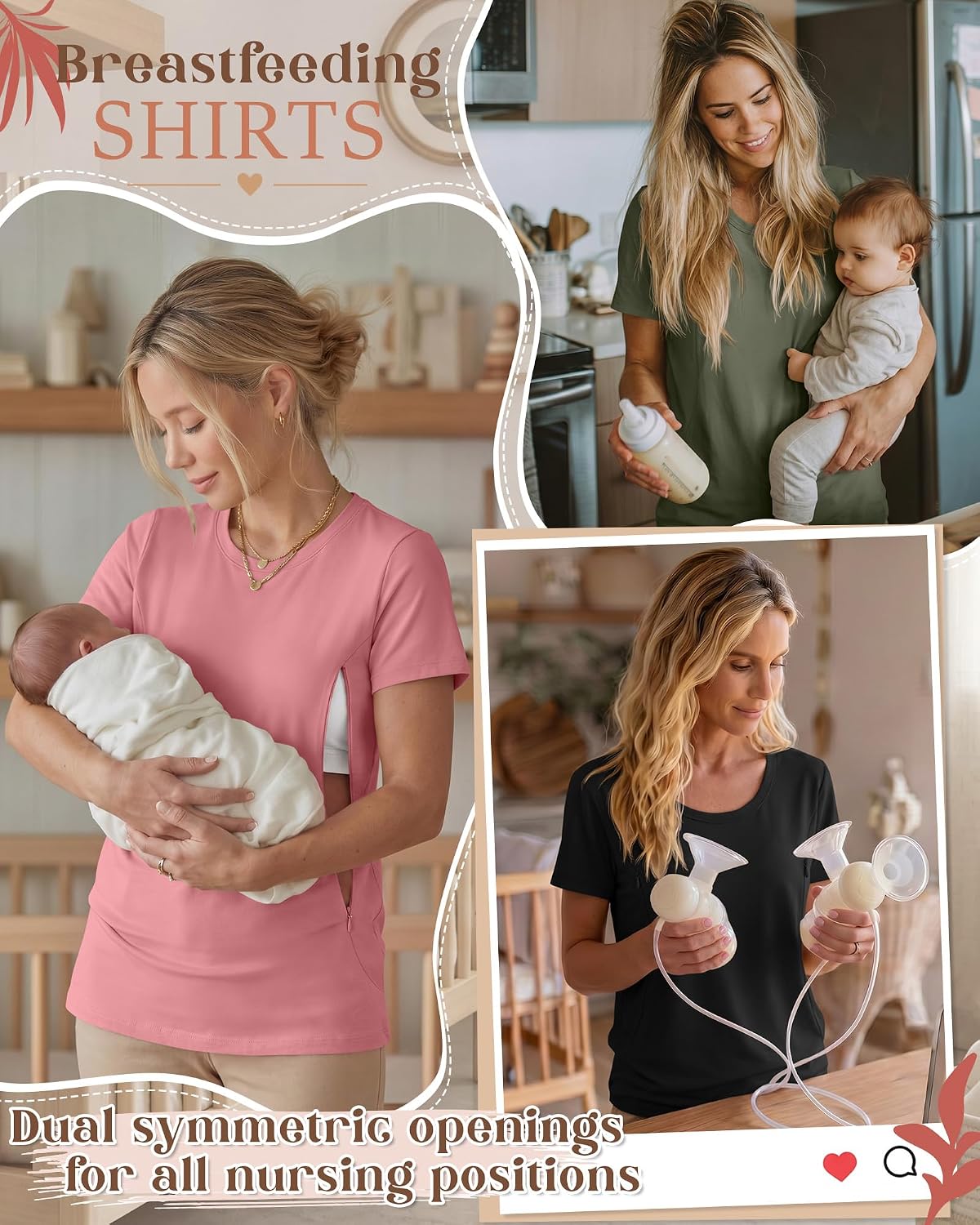 3 Pack Women's Nursing Shirts for Breastfeeding with Hidden Zipper Short Sleeve Crew Neck Loose Fit Maternity Tops
