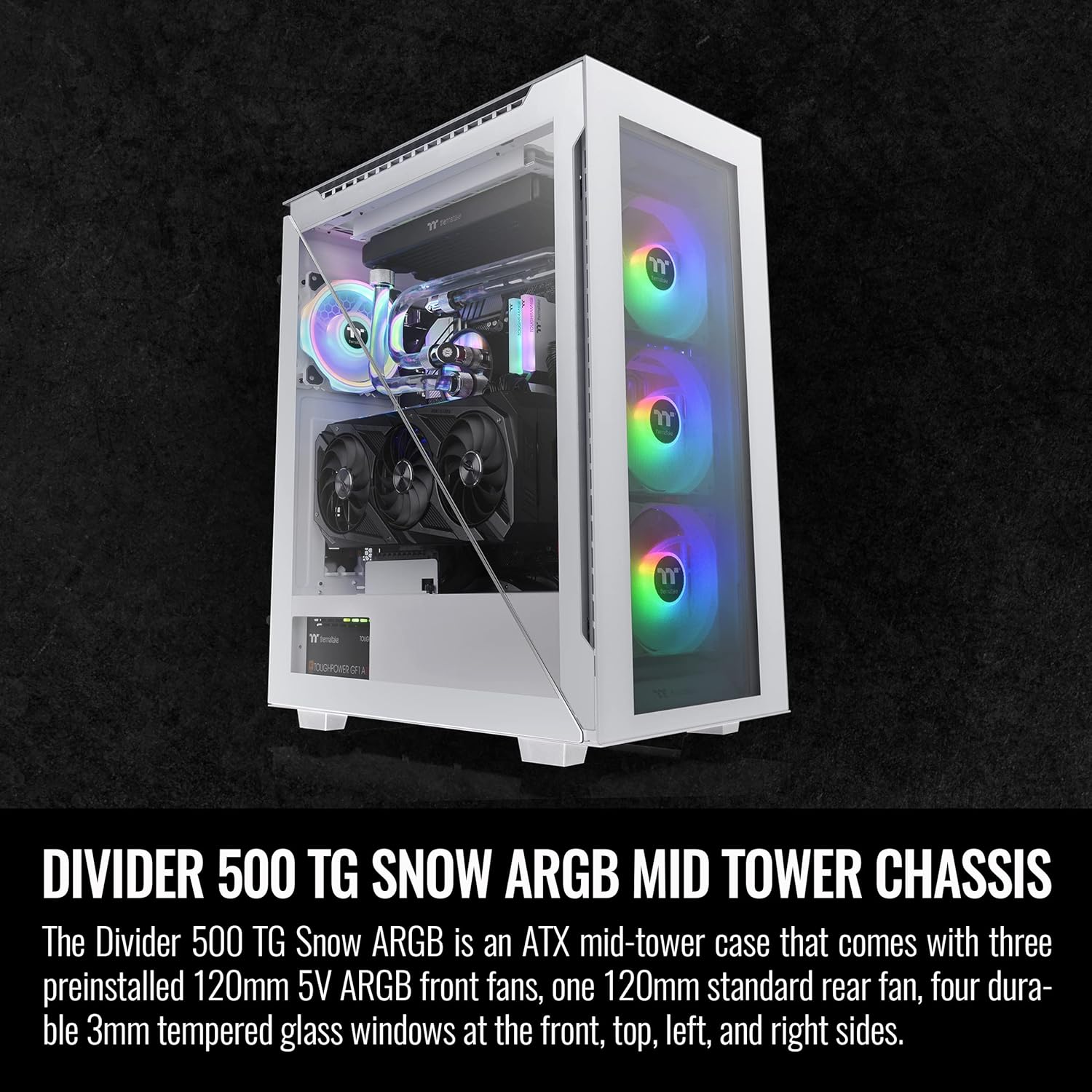 Thermaltake Divider 500 TG White Edition ARGB ATX Mid-Tower Tempered Glass Computer Case with 3 120mm 5V ARGB Front Fans + 1 120mm Standard Rear Fan + 2 Symmetrical Triangular Panels CA-1T4-00M6WN-01
