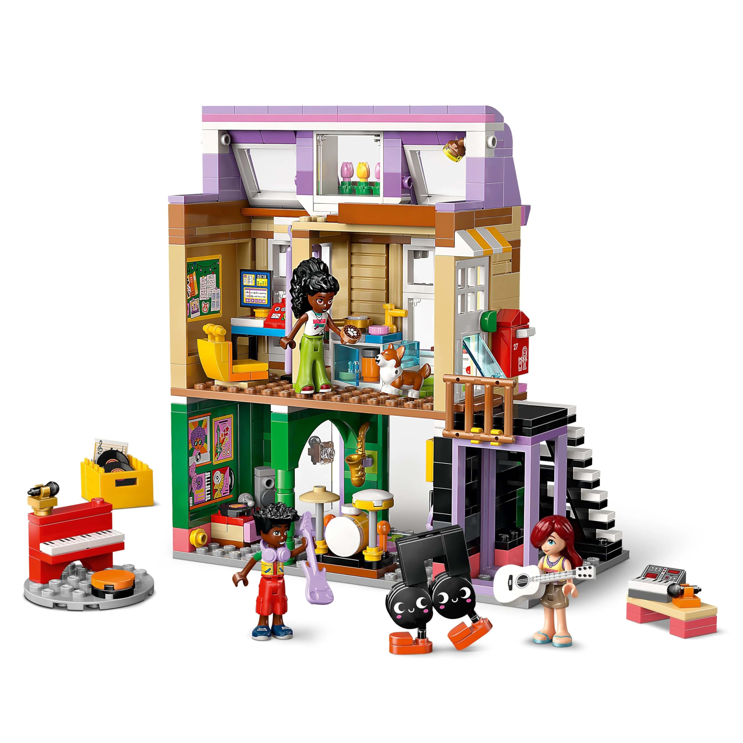 LEGO Friends Le Magasin de Musique et l’Appartement - Jouet Animal pour Fille dès 7 Ans - 3 Mini-Poupées, 1 Figurine de Corgi & Instruments de Musique : Piano, Batterie & Accessoires - Cadeau 42653