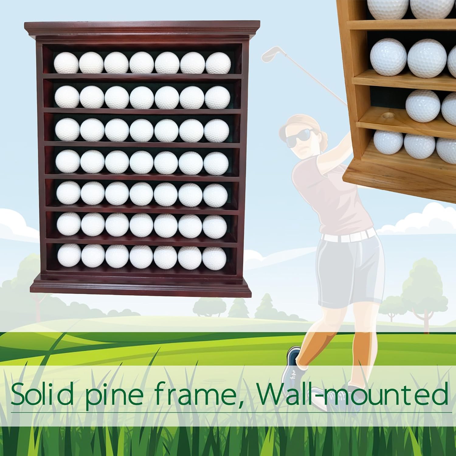 Golf Ball Display Case - Wall Mount, Black Finish, Green Felt Background, No Door, Perfect for Golf Balls, 14.6" W x 17.4" H x 3" D