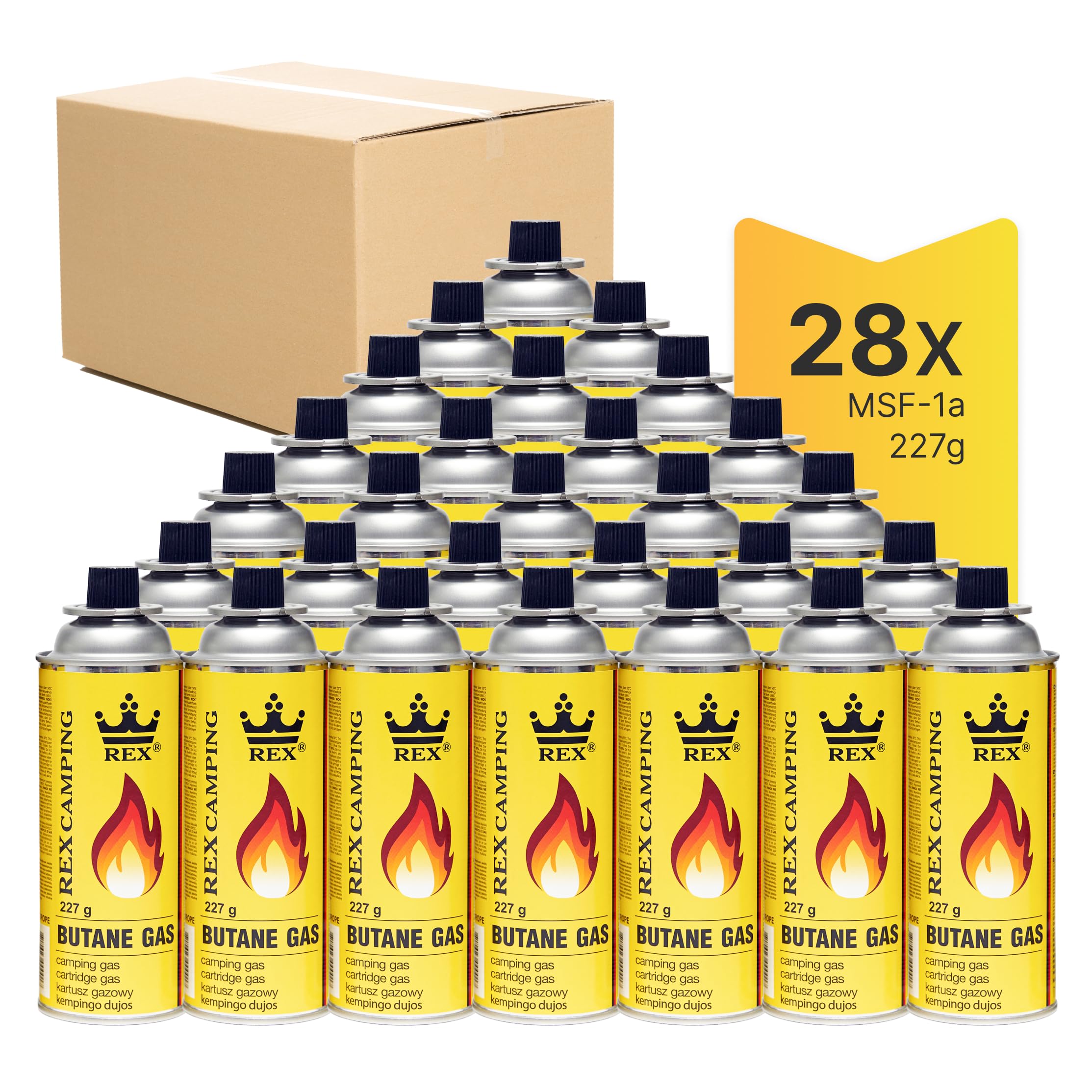 Rex 28 x Gaskartuschen 227g, MSF-1a, Butangaskartusche für Gaskocher, Gasheizer, Gasbrenner, Lötlampe, Universelle Butangas-Flaschen, Campinggas