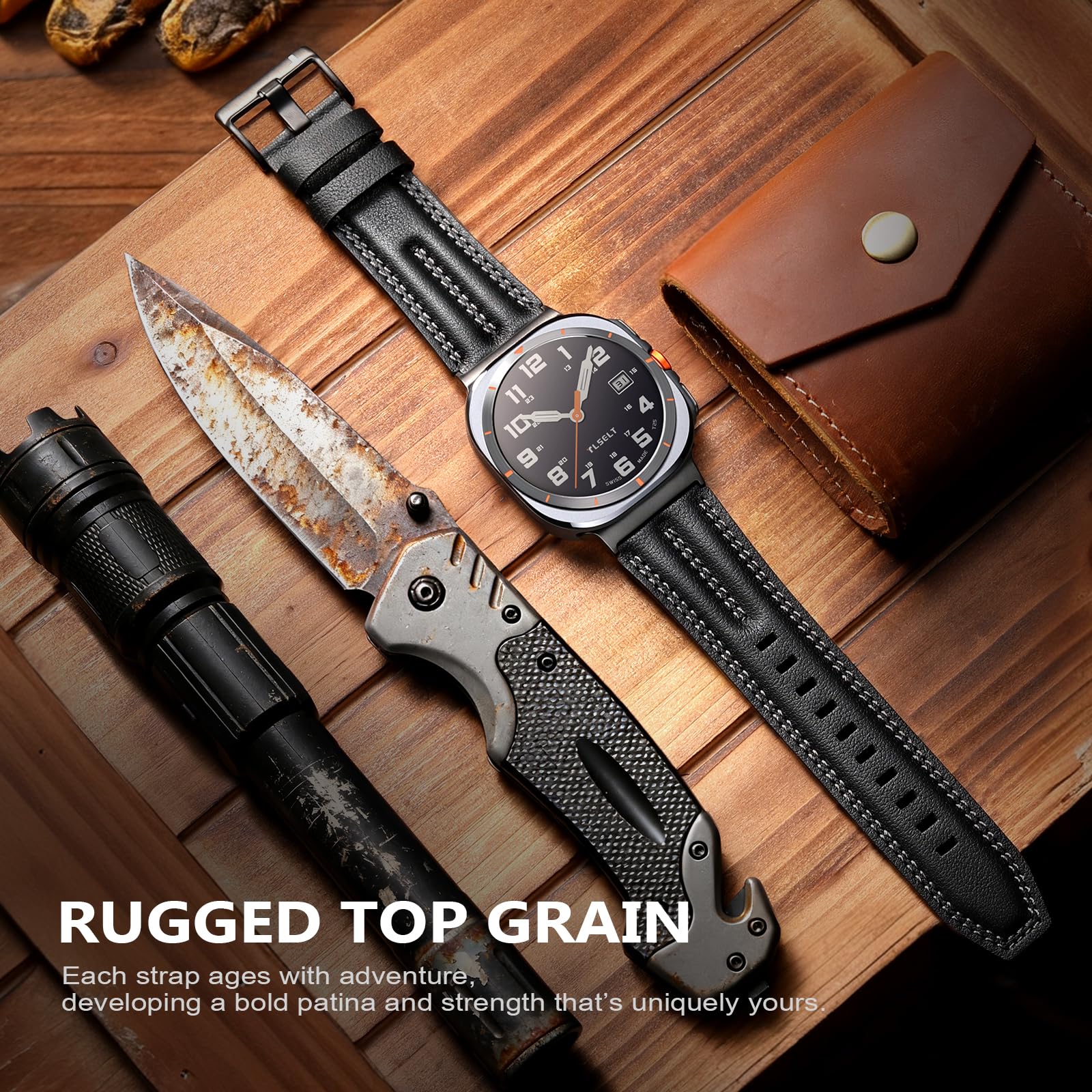 Skórzany pasek kompatybilny z Samsung Galaxy Watch Ultra 47 mm (2025/2024), prawdziwa skóra, wytrzymały, trwały, klasyczny, ręcznie robiony, na zewnątrz, biznes, podróż, prezent