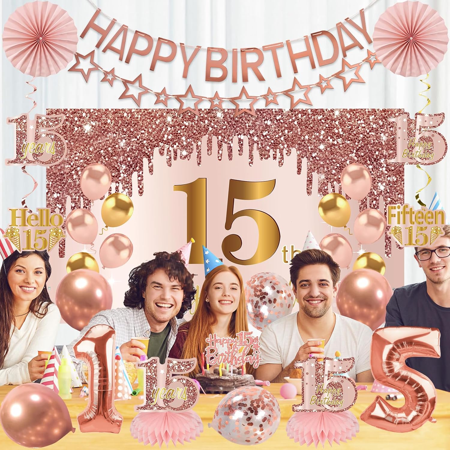 15th Birthday Decorations for Girls, Pink Rose Gold Happy 15 years old Birthday Banner Backdrop Balloons Sash Table Cake Topper Honeycomb Centerpieces Hanging Swirls Paper Fans Party Supplies - Image 4