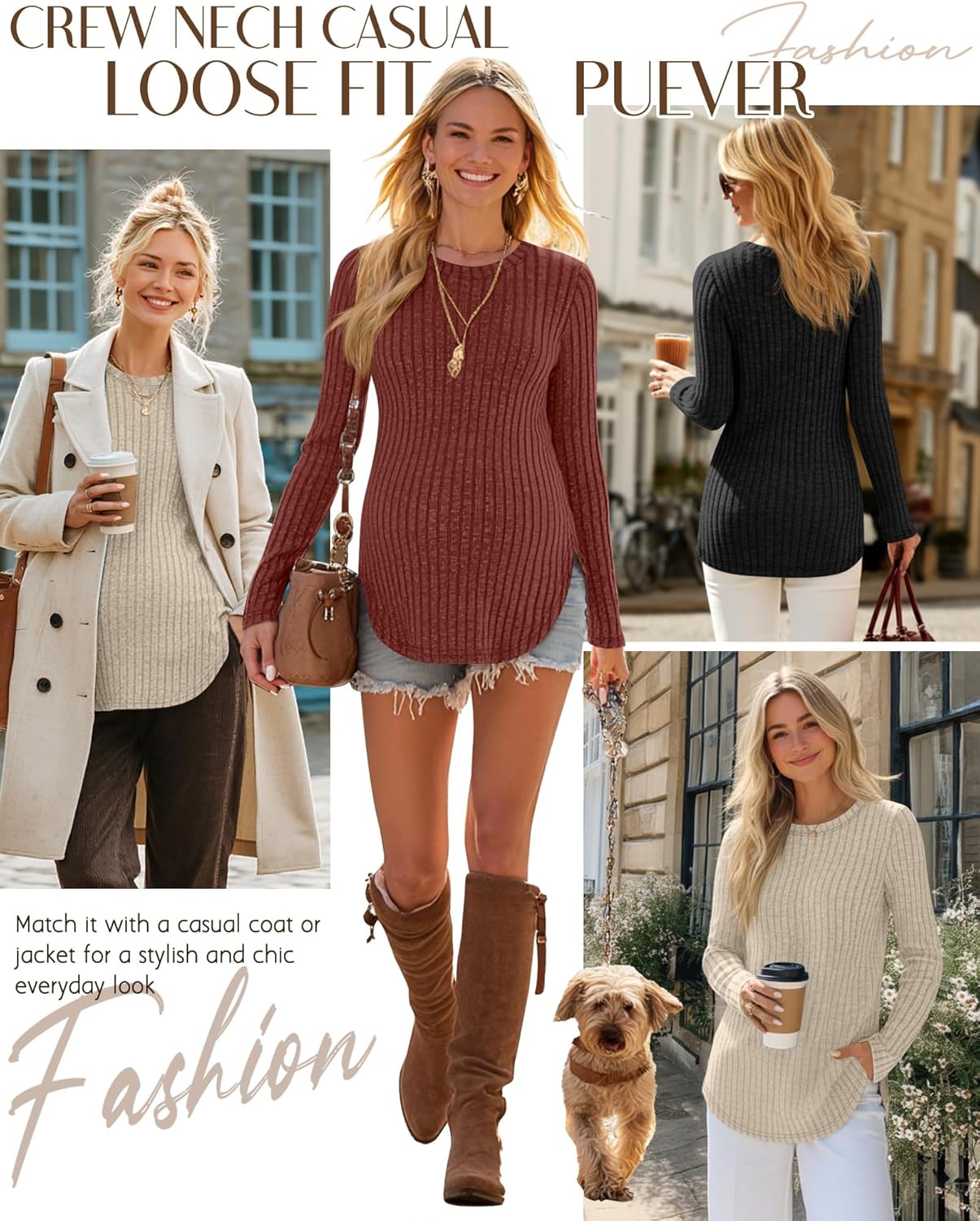 3 Pack Women's Maternity Shirts, Ribbed Long Sleeve Pregnancy Sweaters Curved Hem Split Side Crew Neck Tunic Tops - Image 4