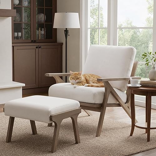 Miniatura 12 de Silla decorativa moderna de mediados de siglo con otomana, juego de sillón tapizado de lino de granja y otomano, silla de descanso retro de 23