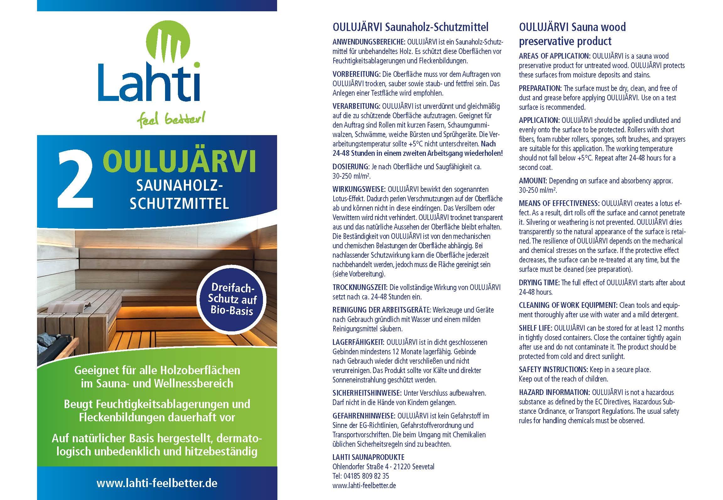 Lahti 2 OULUJÄRVI - Protección única para madera de sauna - Adecuado para todas las maderas - Evita manchas de agua y sudor - Protege contra la suciedad (0,5 litros con cabezal pulverizador)