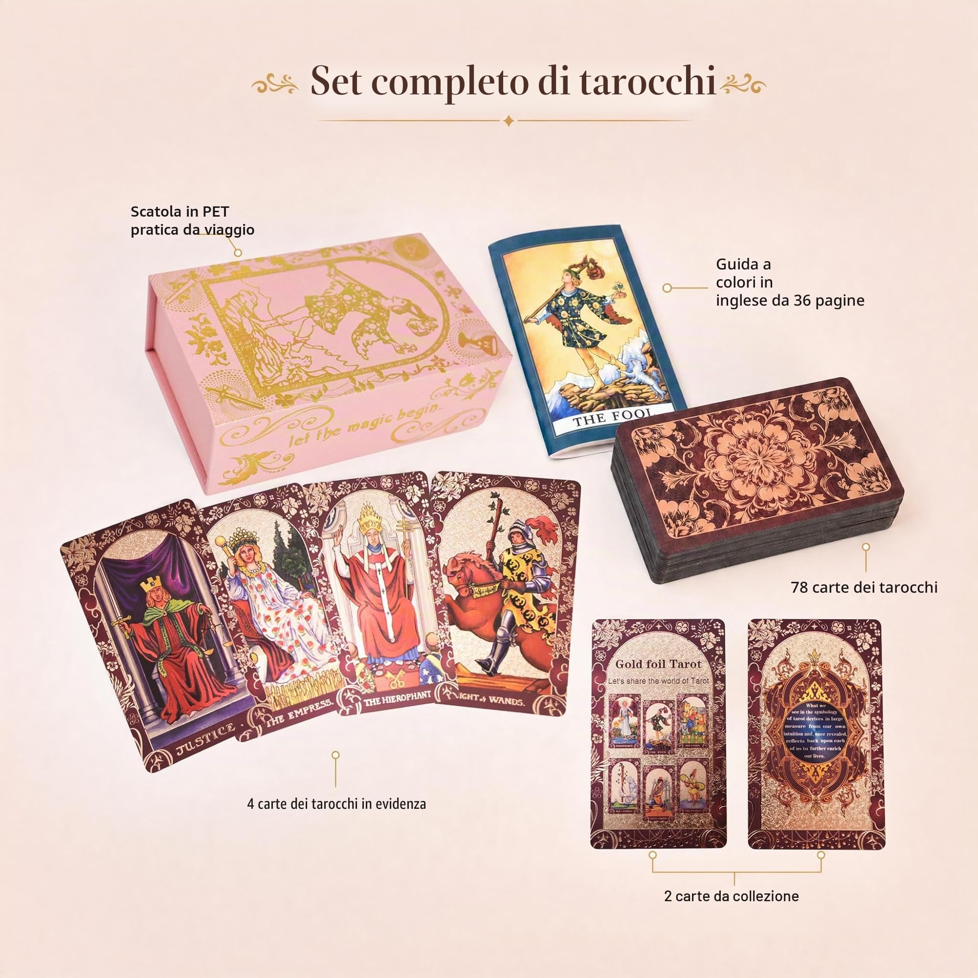 Tarocchi Inglesi Rosso Vino in Lamina d’Oro, 78 Carte + 2 Carte Bonus, Mazzo Tarot Impermeabile in PVC con Guida Illustrata da 36 Pagine
