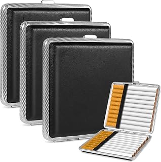Pack of 3 Leather Metal Cigarette Cases, PU Cigarette Box for 20 Cigarettes, Stainless Steel Cigarette Box with Snap Closure, for Trousers and Shirt Pockets, 10 x 9.5 x 1.9 cm, Black 3 Stk/Schwarz