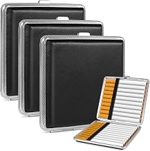 3 x Black Metal Cigarette Case, Leather Cigarette Holder Case Contains 20 Cigarettes, Men and Women Aluminium Cigarette Packet Case (Black)