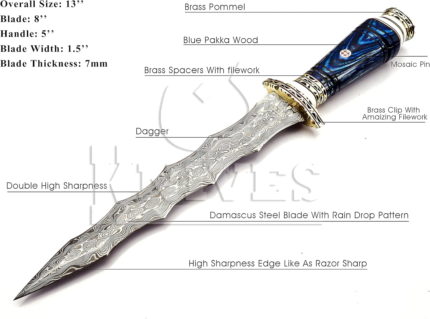 custom Hand Made Damascus Steel Collectible wavy dagger Knife (blue)
