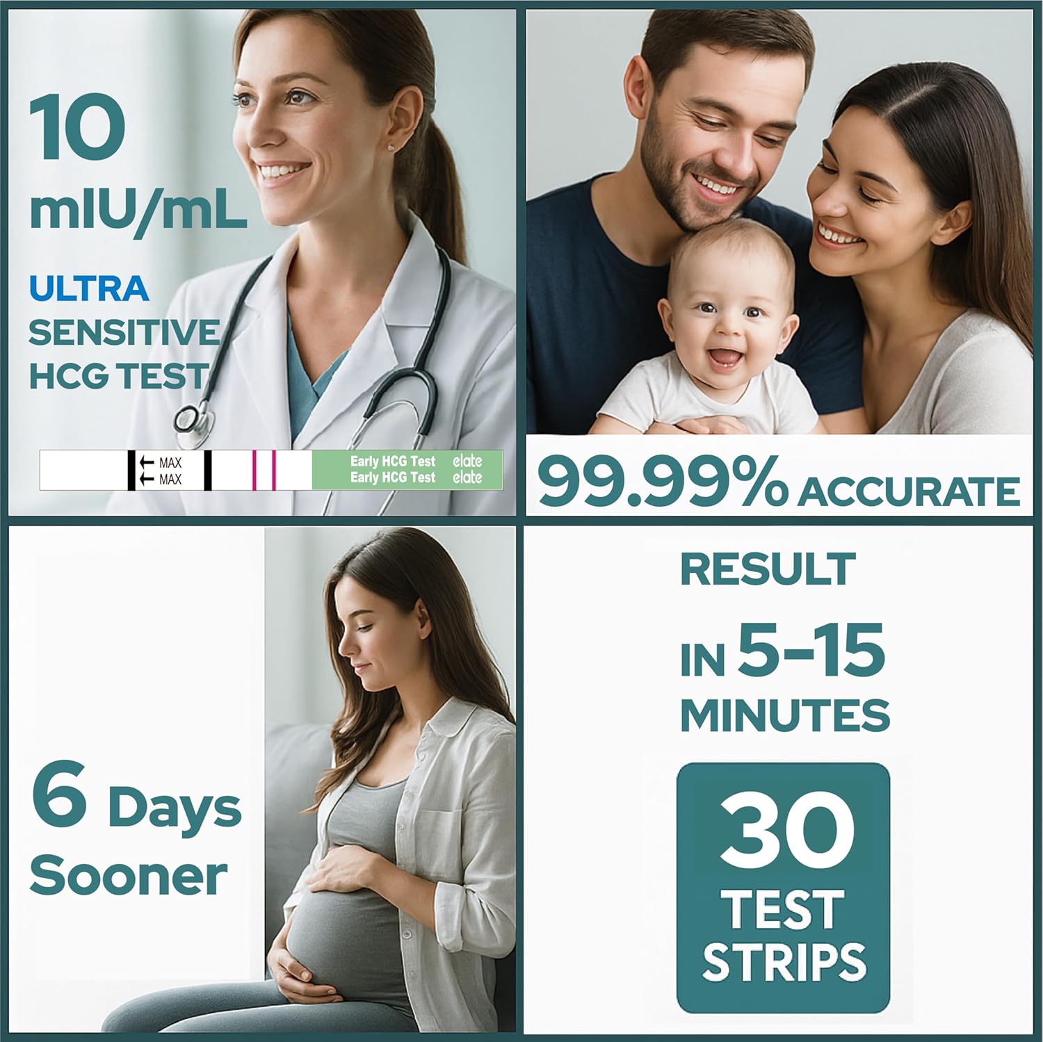 Elate HCG Pregnancy Test Strips 30 Count - 99.99% Accurate, 10mIU/mL, Early Detection 6-Days Before Missed Period, Bulk EPT, Easy Home Use, 5mm Dip - Image 7