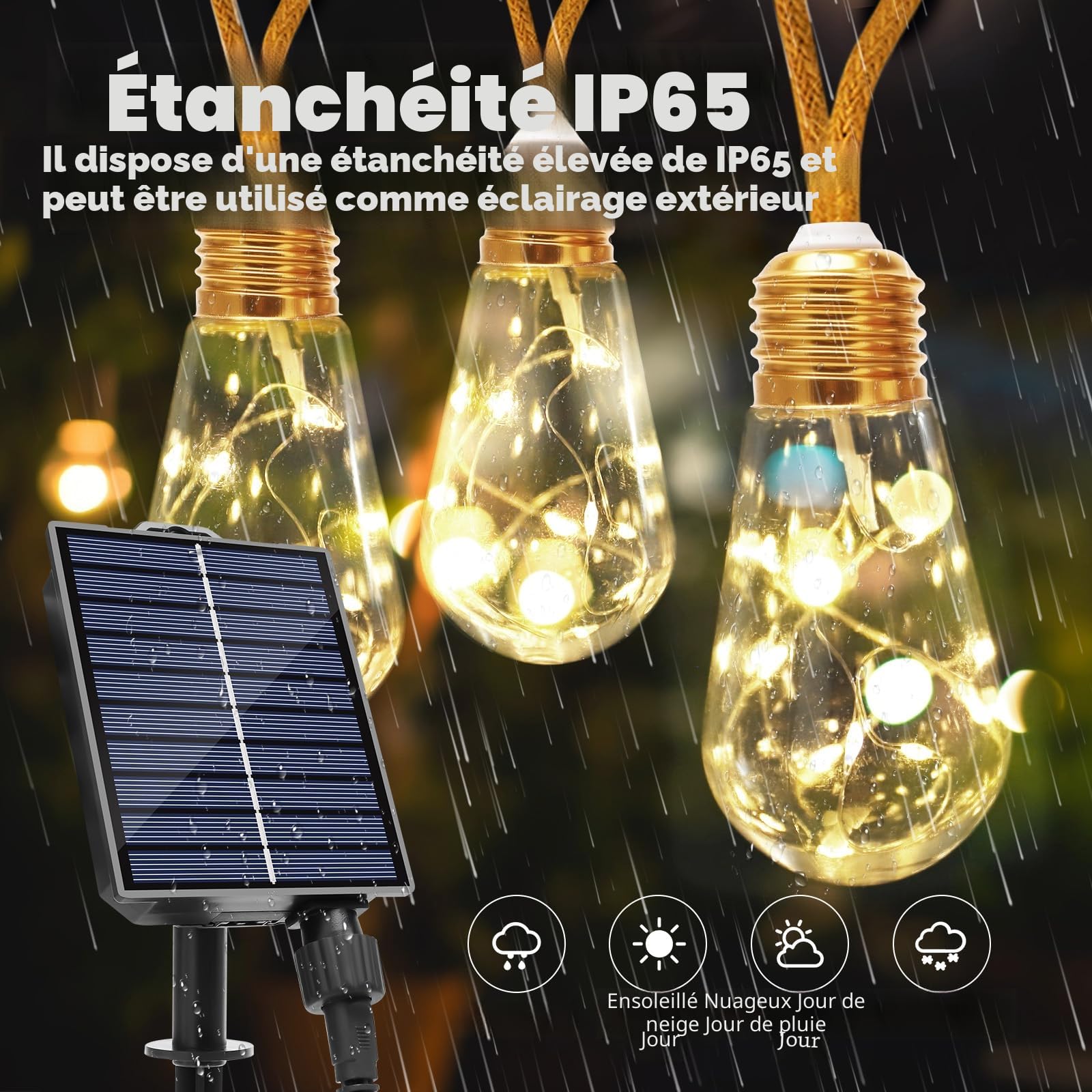 Guirlande Lumineuse Exterieure Solaire avec 16 Ampoules, 8 M Blanc Chaud Chaîne Lumiere Exterieur 8 Modes IP65 Étanche Extérieure Lumineuse Pour Jardin,Patio,Cour,Balcon,Fêtes Décorations